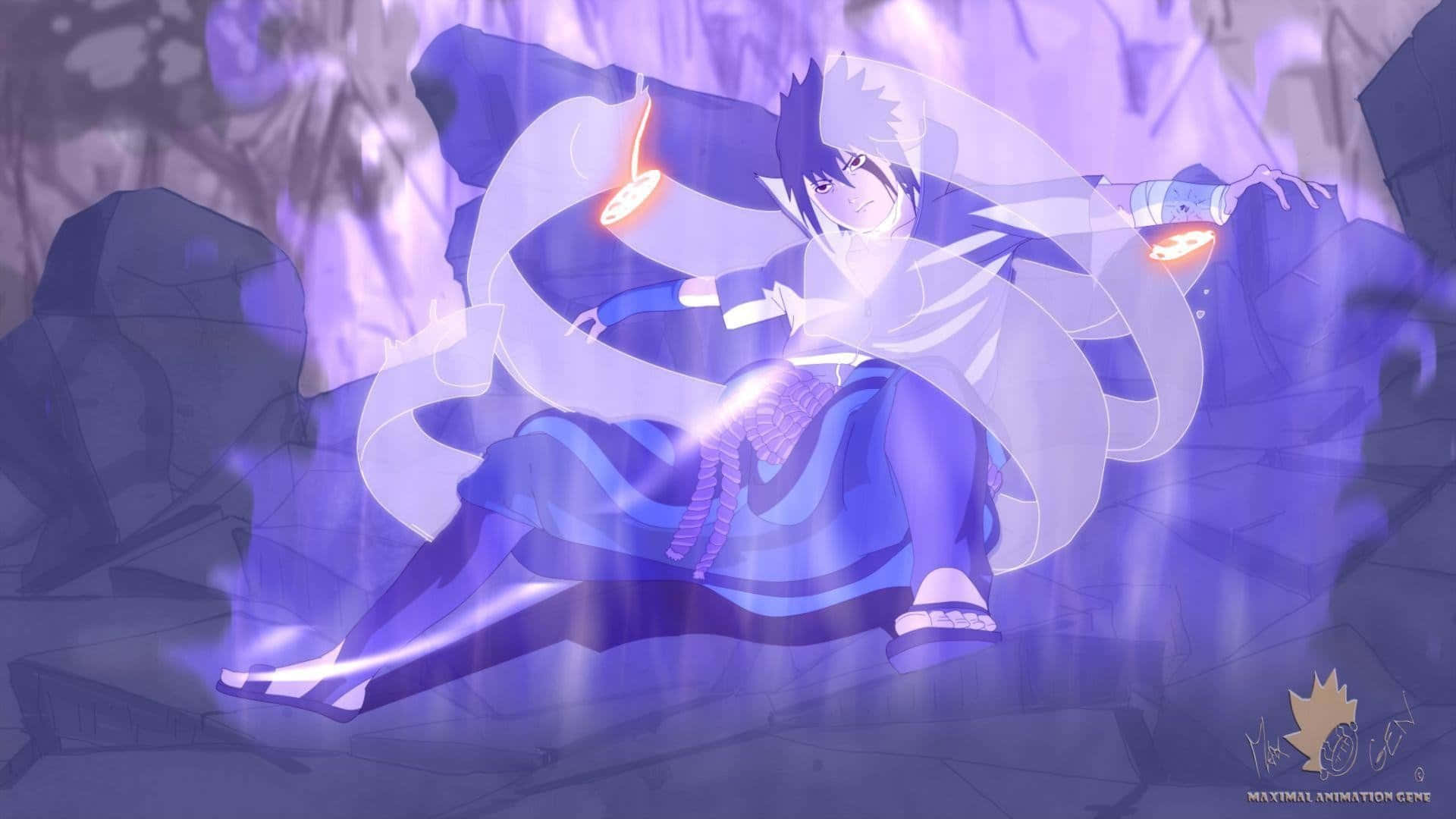 Purple Sasuke 桌布 壁紙 — 白髮並帶有發光橙色查克拉封印的動漫角色，在紫色燈光下動態地蹲在岩石地形上。