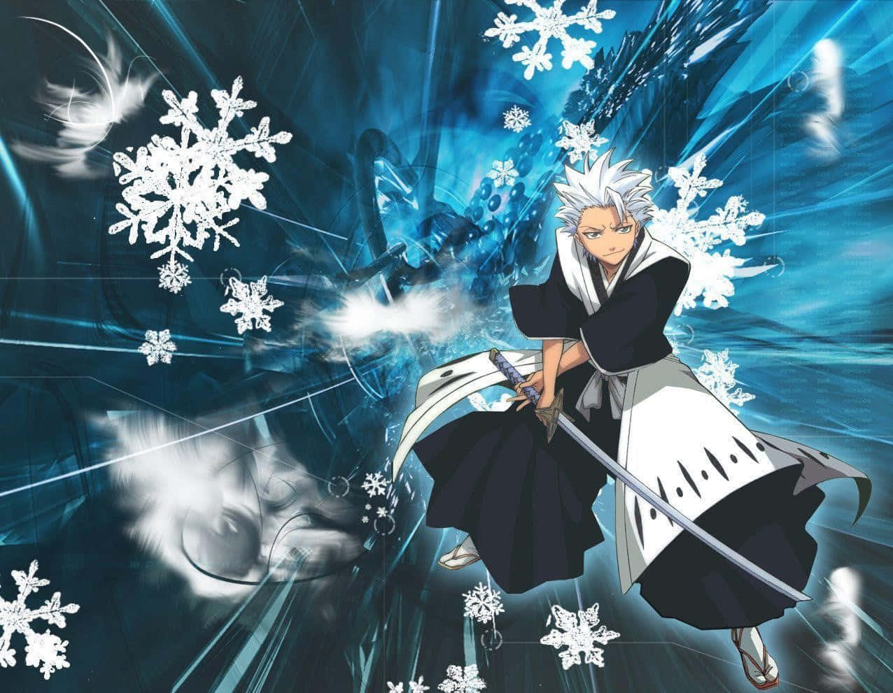 Toshiro Hitsugaya 桌布 壁紙 — 白髮動漫戰士在旋轉的藍色能量和飄落的雪花中揮舞著劍。
