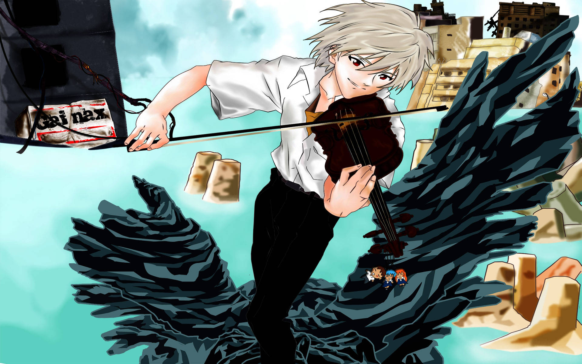 kaworu nagisa 桌布 壁紙 — 白髮動漫男孩在廢墟上空漂浮，拉著小提琴，背後有黑色翅膀，附近有一個「Gai nax」盒子。
