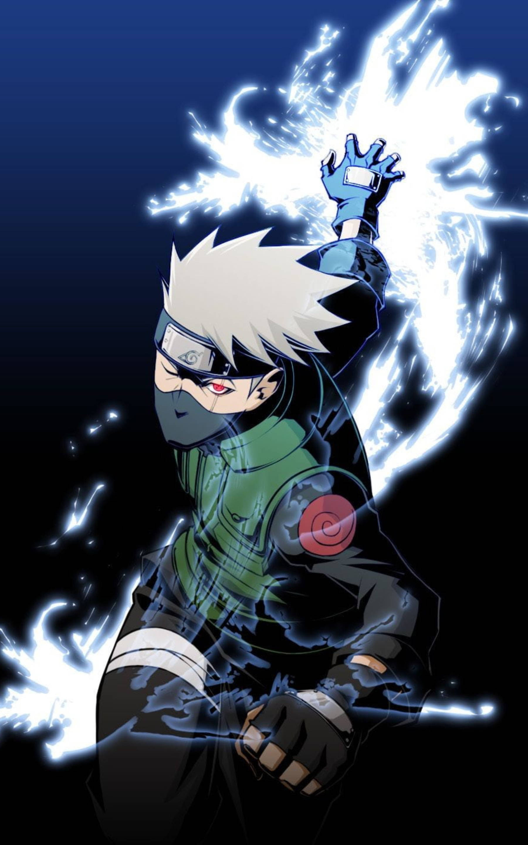 chidori 桌布 壁紙 — 白髮戴面具的動漫忍者，在黑暗背景下將發光的藍色查克拉匯聚到舉起的手中。