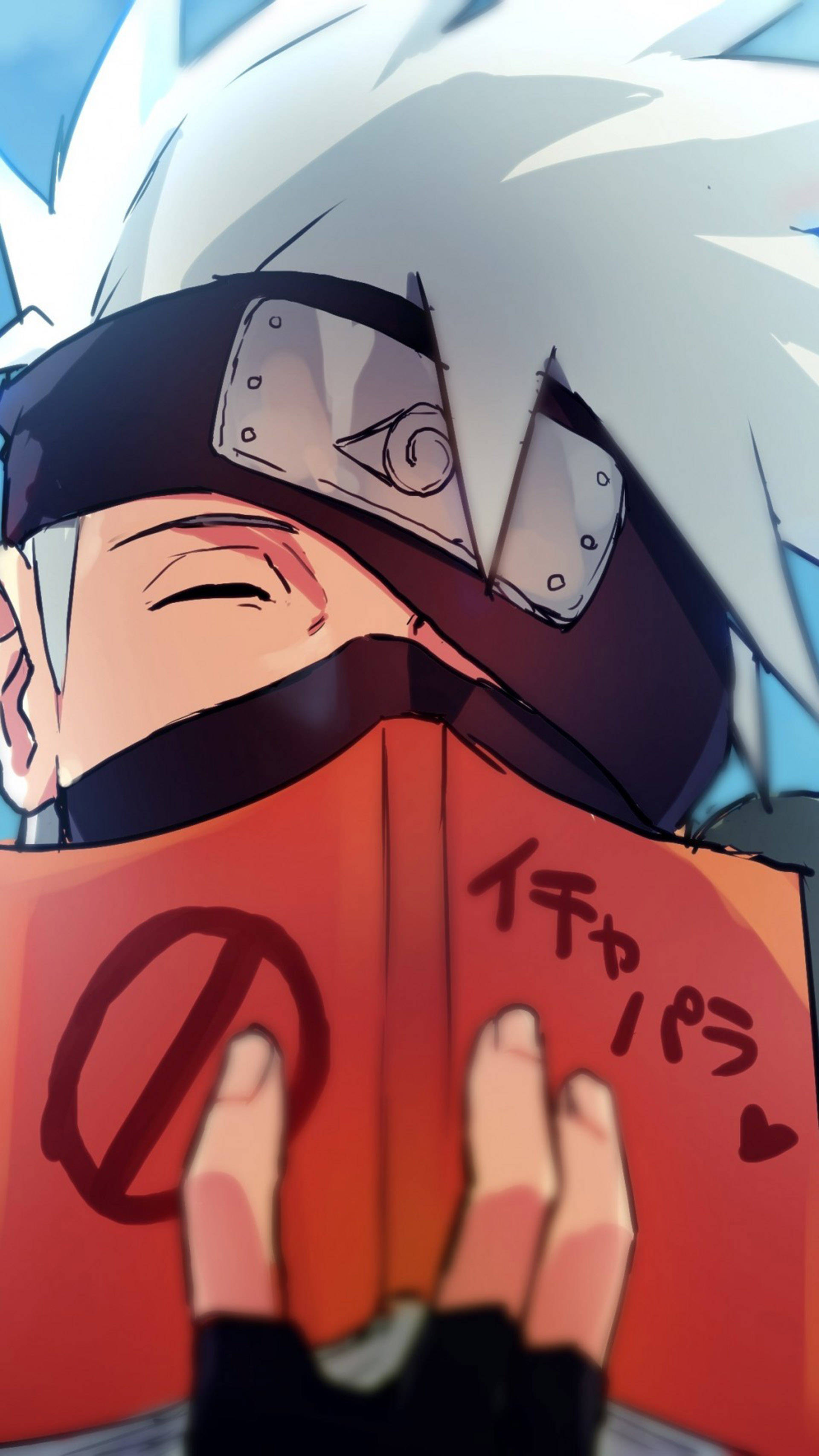 kakashi pfp 桌布 壁紙 — 白髮戴頭帶的動漫角色微笑著手持一本帶有日文文字和心形的紅色書本。