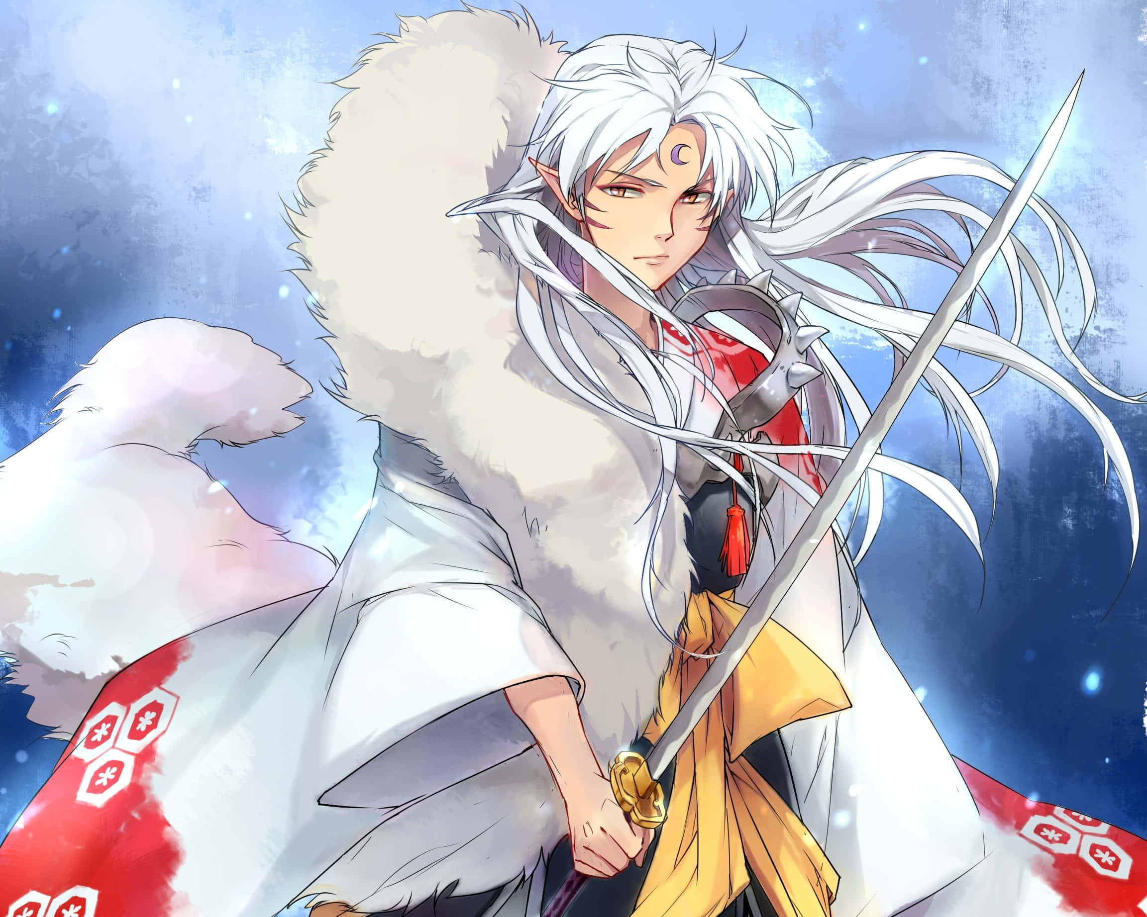 Sesshomaru 桌布 壁紙 — 白髮披毛皮斗篷的動漫戰士在雪藍背景下持劍。