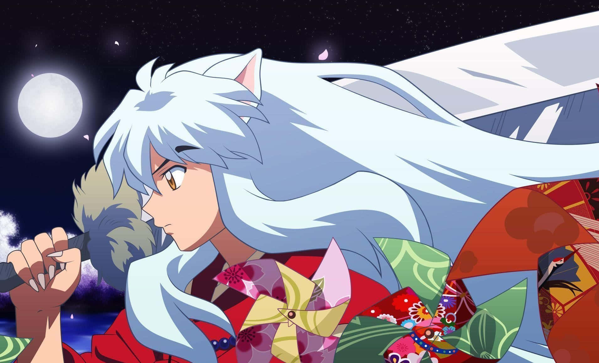 Inuyasha 桌布 壁紙 — 白髮狐耳動漫角色在滿月下、繁星夜空前持劍。