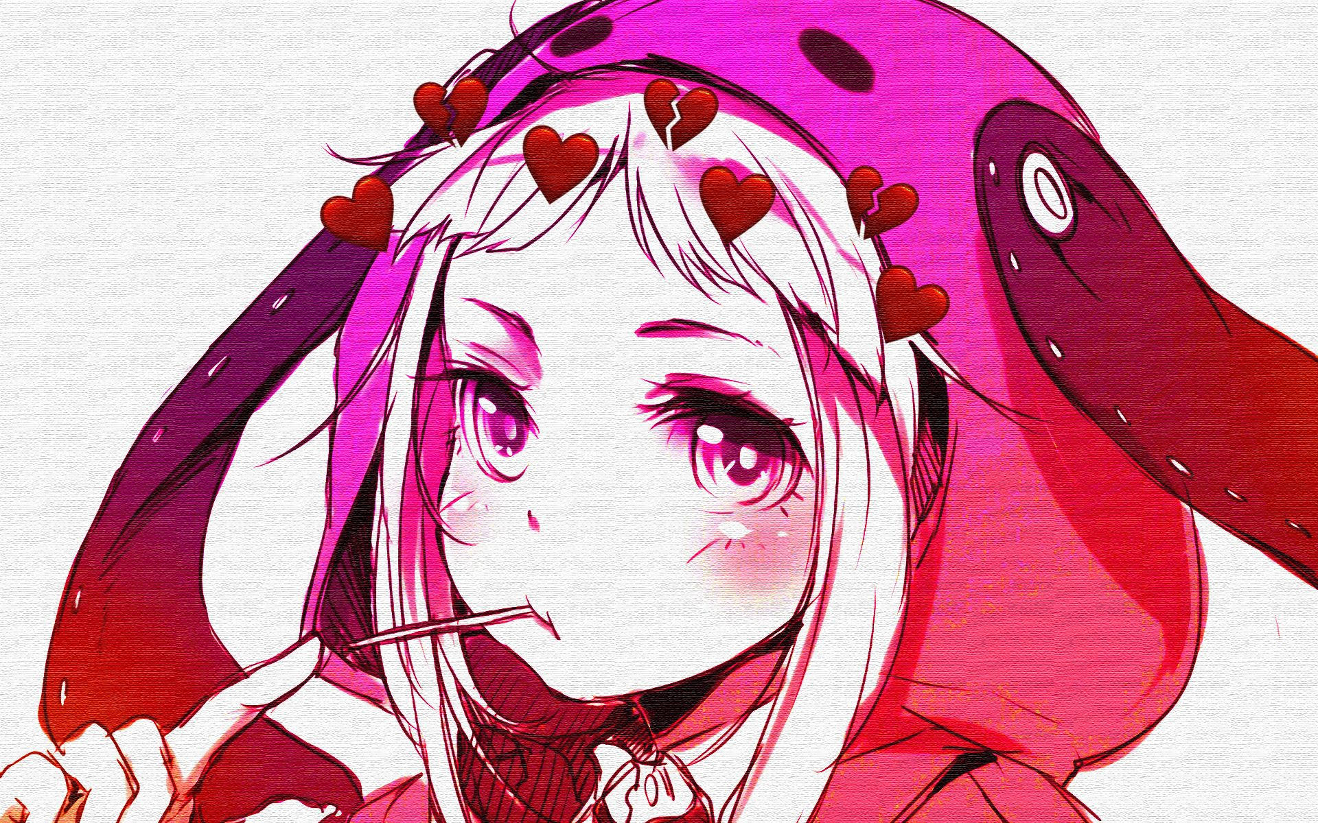 Runa Yomozuki 桌布 壁紙 — 白髮粉紅眼睛的動漫女孩穿著粉紅色連帽服裝，裝飾著漂浮的紅色心形。