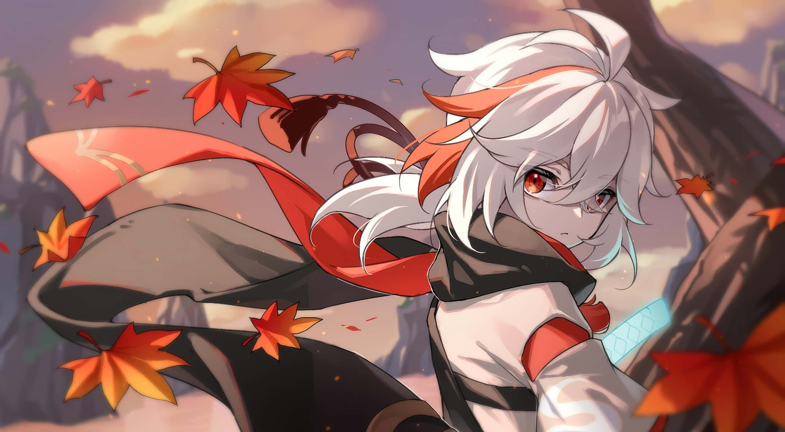 電玩遊戲 桌布 壁紙 — 白髮紅圍巾的動漫女孩站在溫暖的夕陽天空下，周圍是飄落的秋葉。
