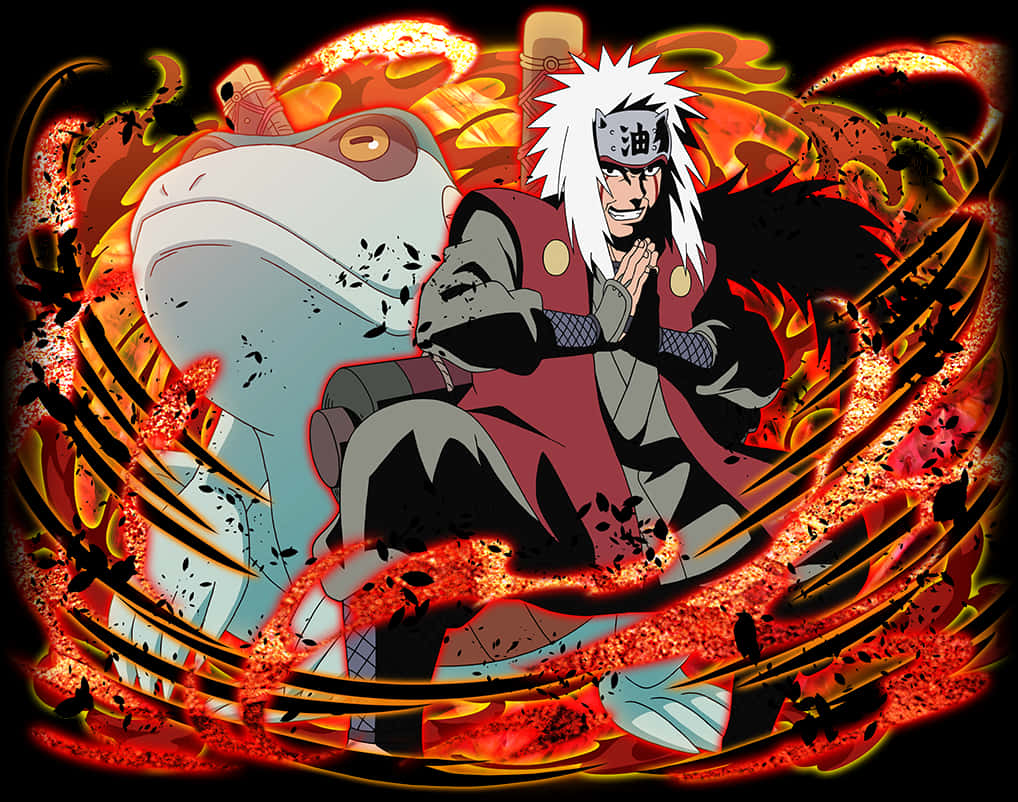 Anime Character 桌布 壁紙 — 白髮紅斗篷的動漫角色站在一隻被旋轉火焰能量包圍的巨大蟾蜍旁邊。