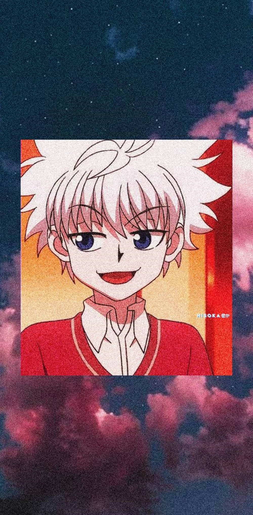 Killua iPhone 桌布 壁紙 — 白髮紅毛衣的動漫角色在星空和粉紅雲朵下微笑。