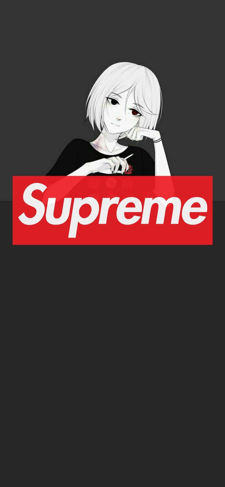 白髮動漫女孩在深色背景上的Supreme標誌後面抽煙。 — Supreme GIF 壁紙