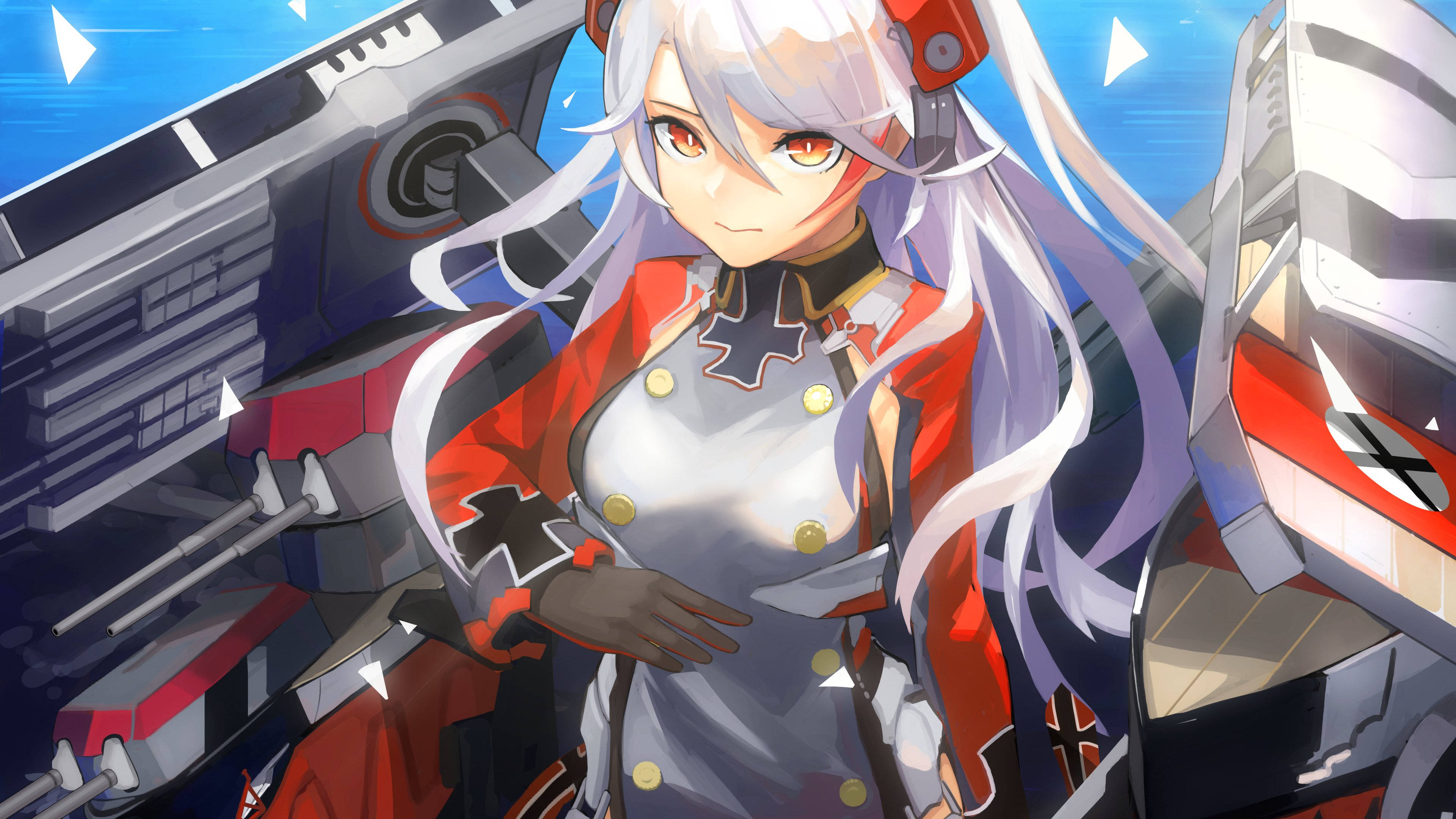 Anime Gaming 桌布 壁紙 — 白髮紅眼動漫女孩自信地站在紅色和銀色的海軍制服中，周圍是戰艦機械。