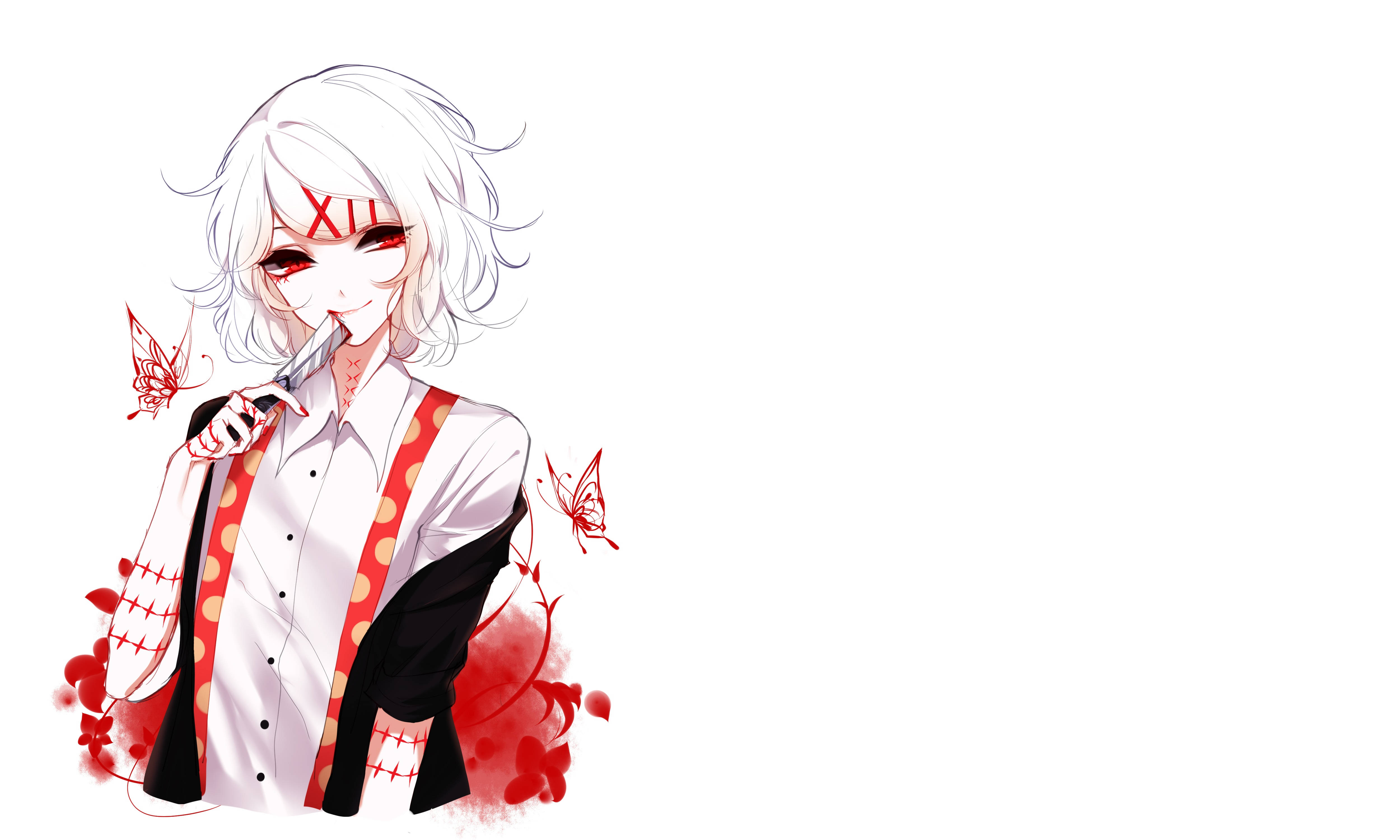 Juuzou Tokyo Ghoul 4K 桌布 壁紙 — 白髮紅眼動漫角色，嘴邊持刀，被紅色蝴蝶和花卉污漬環繞。
