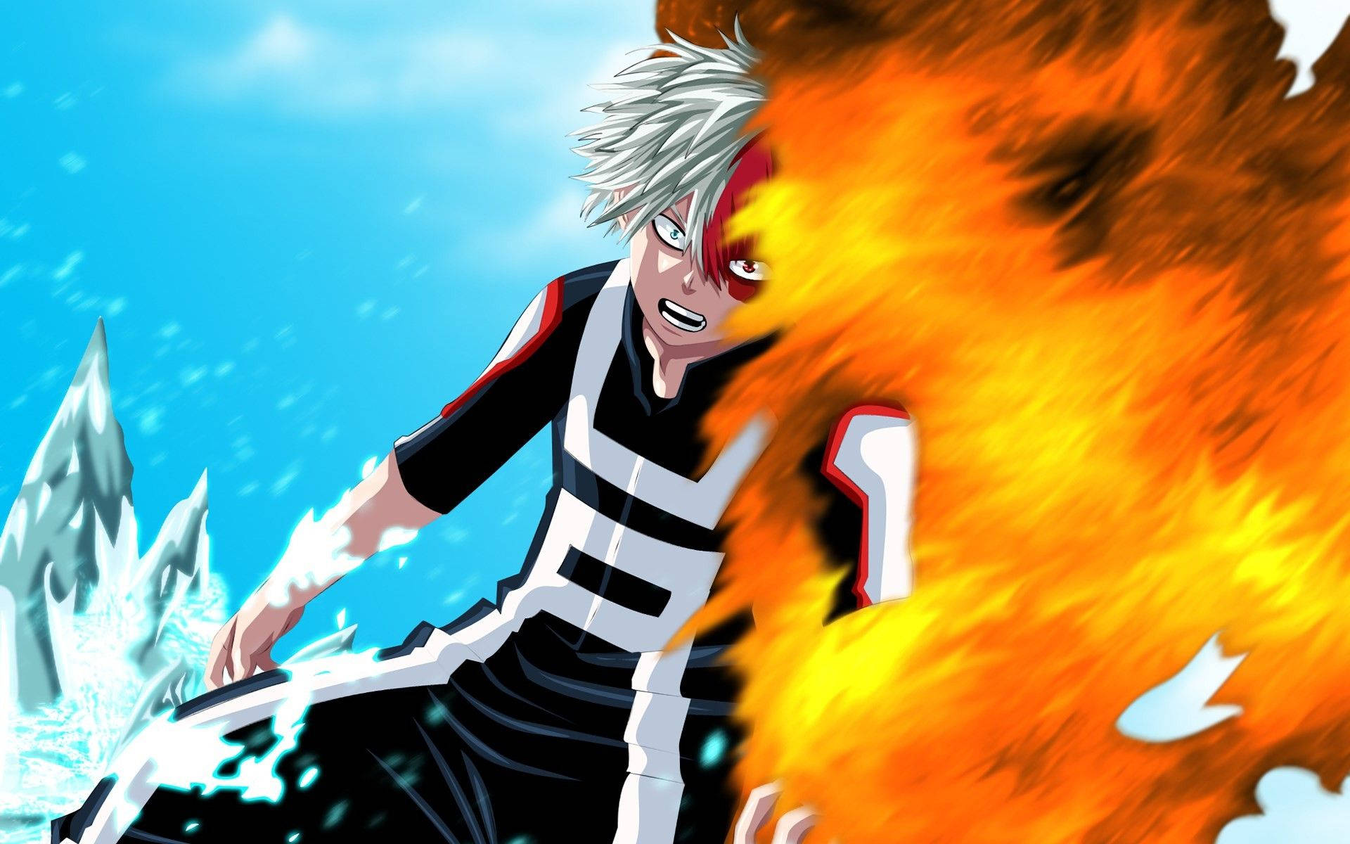 Bnha 桌布 壁紙 — 白髮紅眼動漫角色在明亮藍天下對冰凍地形釋放火焰爆炸。