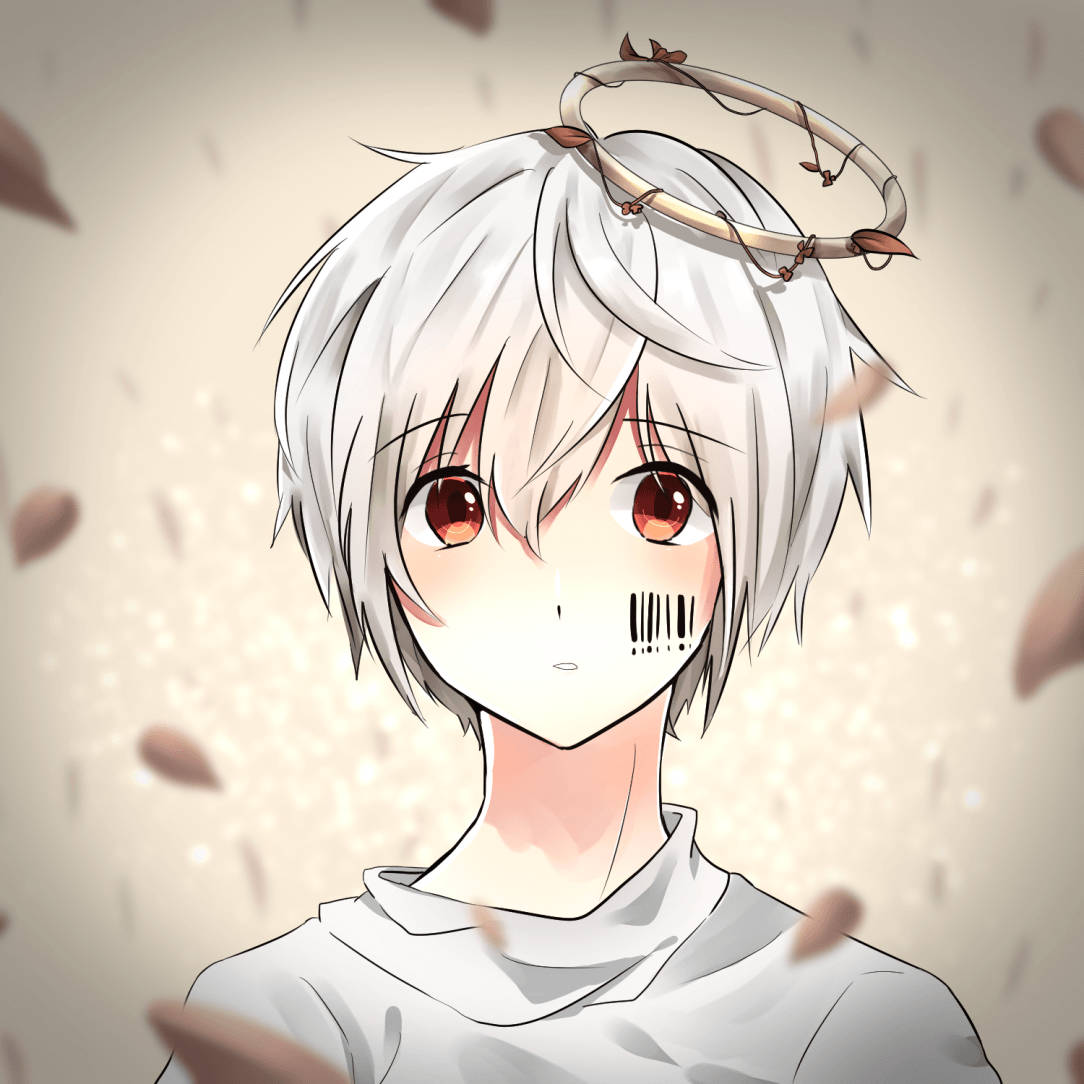 Cute Boy 桌布 壁紙 — 白髮紅眼的動漫男孩，在落葉中戴著荊棘冠冕和條碼疤痕。