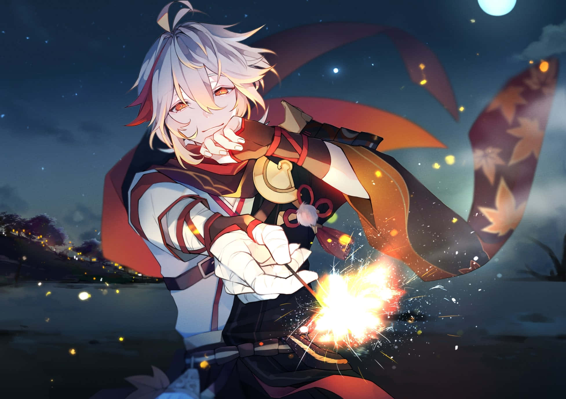 Genshin Impact Kazuha 桌布 壁紙 — 白髮紅眼的動漫角色在星空下開心地點燃煙火。