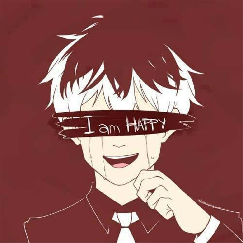 桌布 壁紙 — 白髮紅眼罩的動漫男孩讀著「I am HAPPY」微笑觸摸下巴。