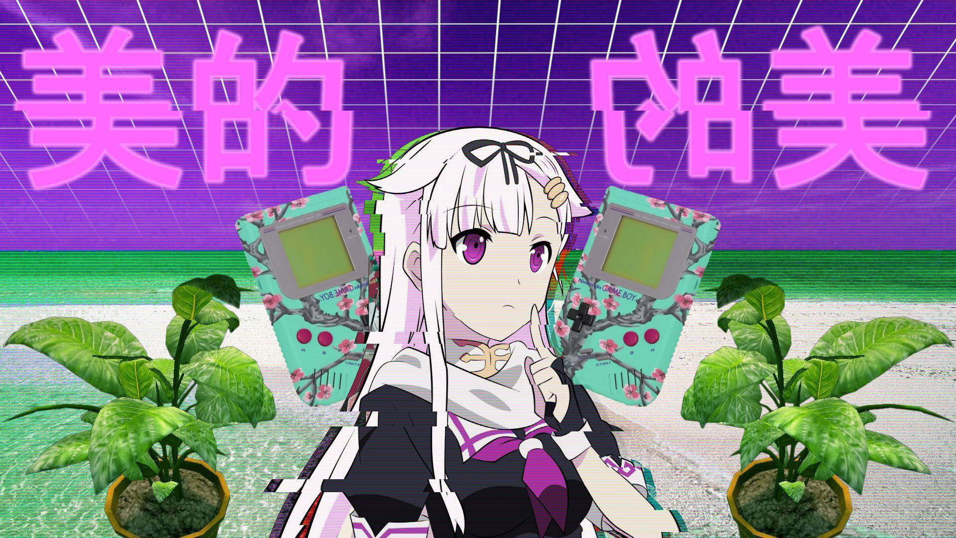 桌布 壁紙 — 白髮紫眼動漫女孩，在紫色網格背景上，手持兩部Game Boy，旁邊有盆栽植物。