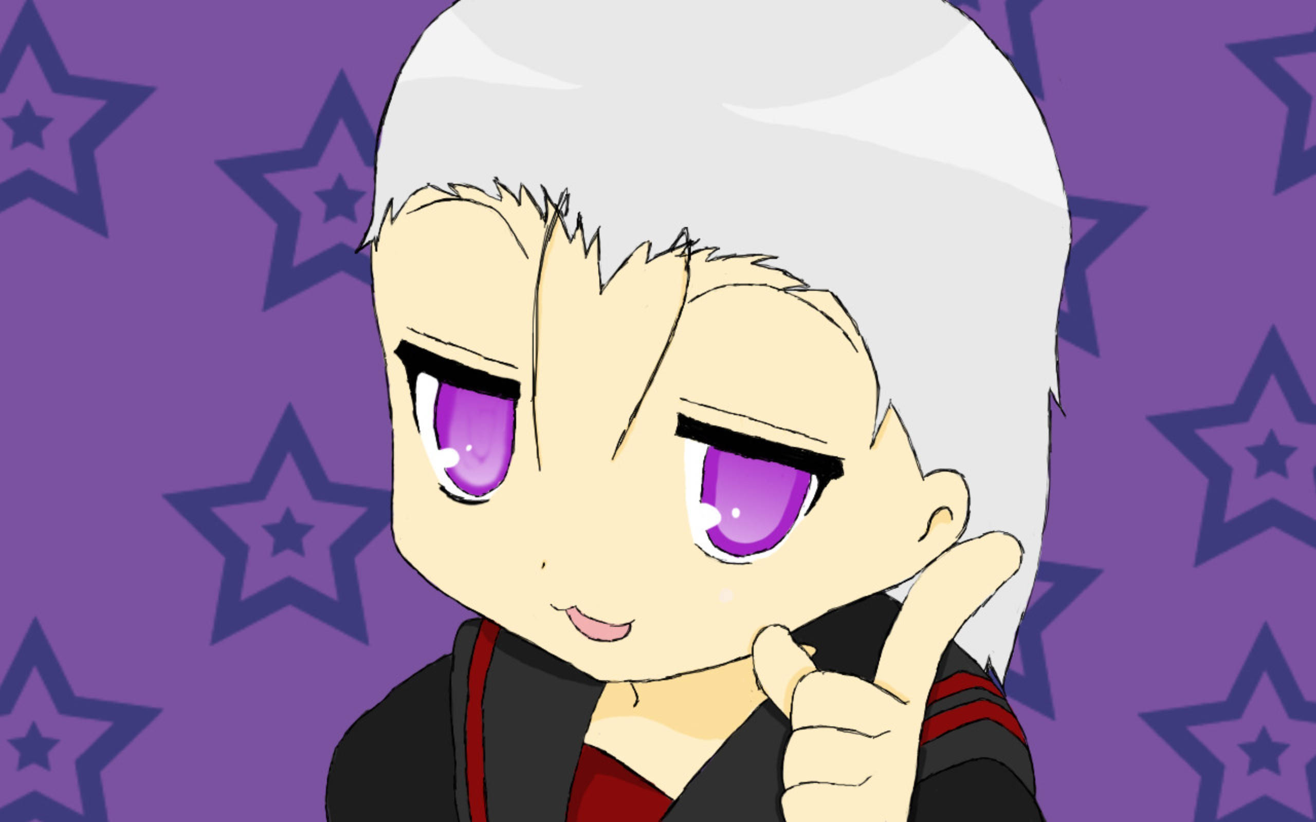 hidan akatsuki 桌布 壁紙 — 白髮紫眼的Q版動漫角色在紫色星空背景下眨眼並指向觀眾。