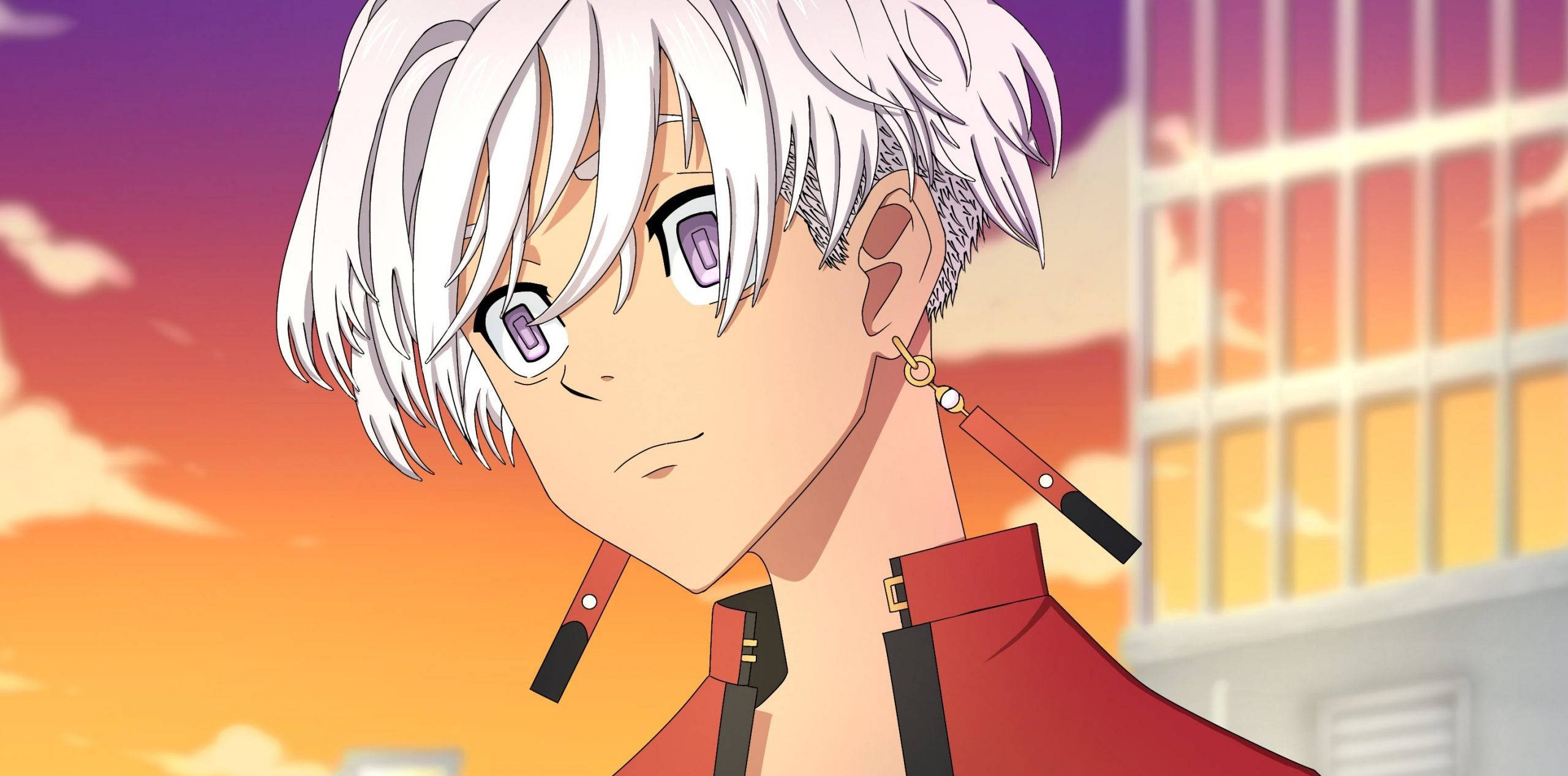 izana kurokawa 桌布 壁紙 — 白髮紫眼的動漫角色，在充滿活力的日落天空下沉思凝視。
