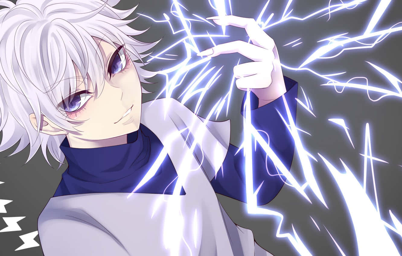 Shonen Anime 桌布 壁紙 — 白髮藍眼的動漫角色在黑暗背景中從指尖釋放出劈啪作響的電能。