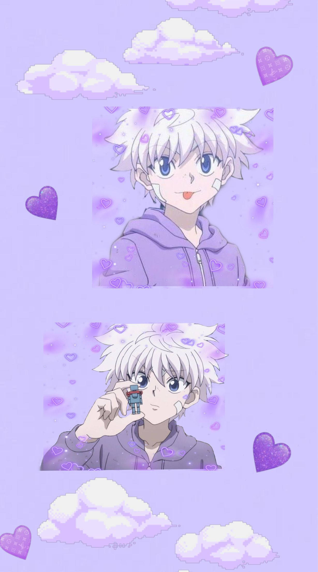 動漫男孩 桌布 壁紙 — 白髮藍眼的動漫角色微笑著，手持一個小公仔，背景是粉紫色天空，漂浮著心形和雲朵。