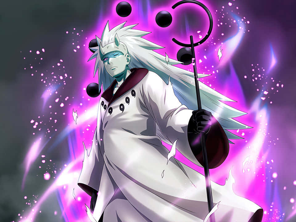 Sage Of Six Paths 桌布 壁紙 — 白髮藍眼的動漫角色揮舞著被紫色能量和漂浮黑色球體包圍的法杖。