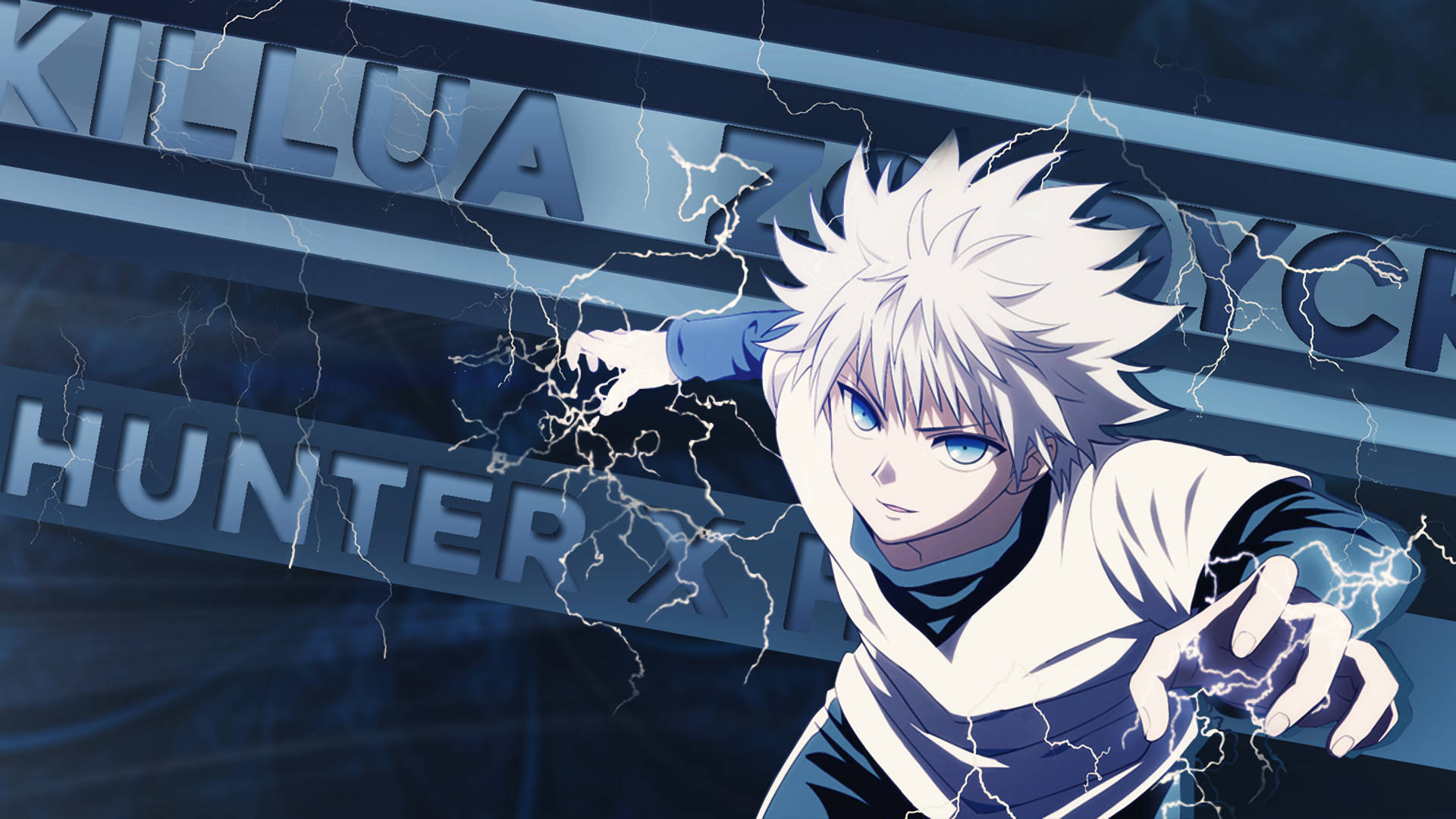Cool Killua 桌布 壁紙 — 白髮藍眼的動畫角色奇犽在深藍色背景上引導閃電能量，並帶有「HUNTER X HUNTER」文字。