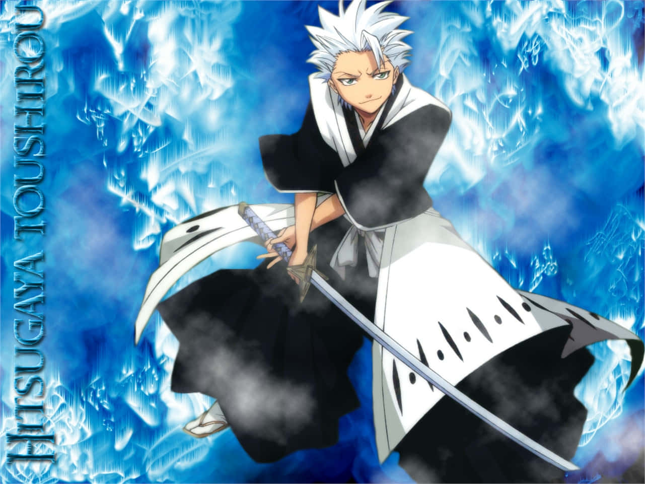Toshiro Hitsugaya 桌布 壁紙 — 白髮黑白制服的動漫戰士在旋轉的藍色能量和煙霧中揮劍。