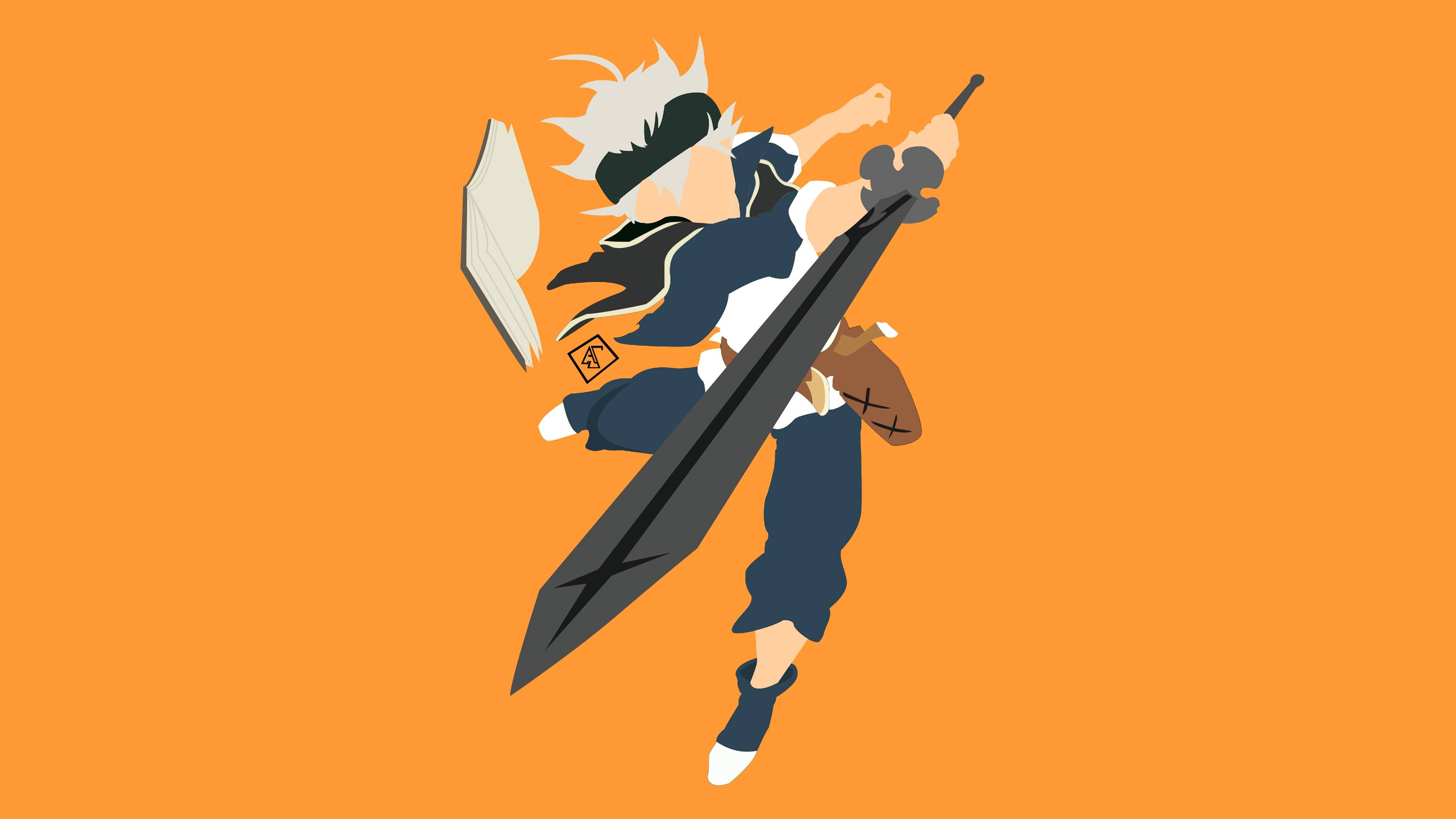 Black Clover Anime 桌布 壁紙 — 白髮黑衣的動漫戰士在純橙色背景上動態跳躍，揮舞著一把大劍。