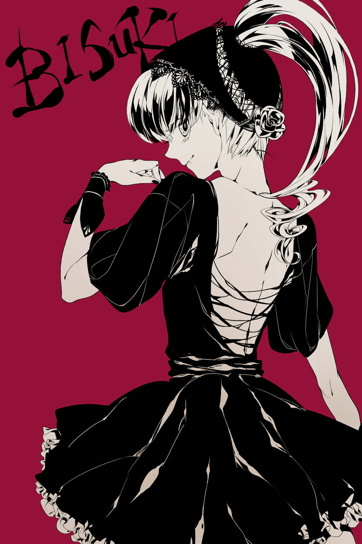 Hunter X Hunter Bisky 桌布 壁紙 — 白髮黑裙動漫女孩在深紅色背景上轉身，頭戴玫瑰髮飾。