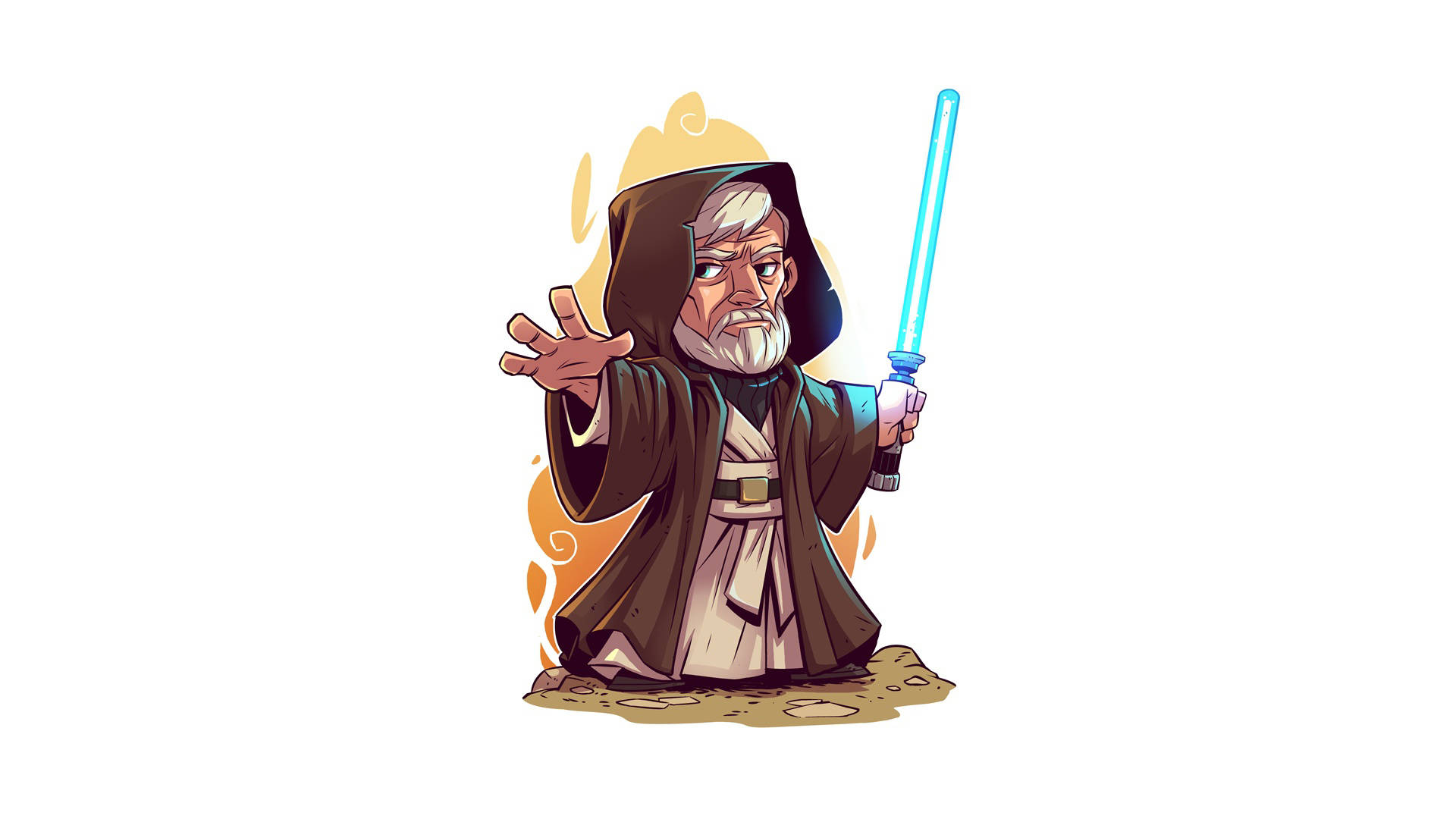 Kenobi 桌布 壁紙 — 白鬍子Q版風格的絕地大師，在溫暖的橙色光環背景下揮舞著發光的藍色光劍。