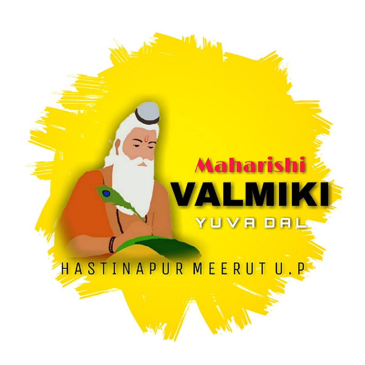 guru nanak dev ji 桌布 壁紙 — 白鬍鬚的Maharishi Valmiki插圖，在充滿活力的黃色筆觸背景上手持孔雀羽毛。