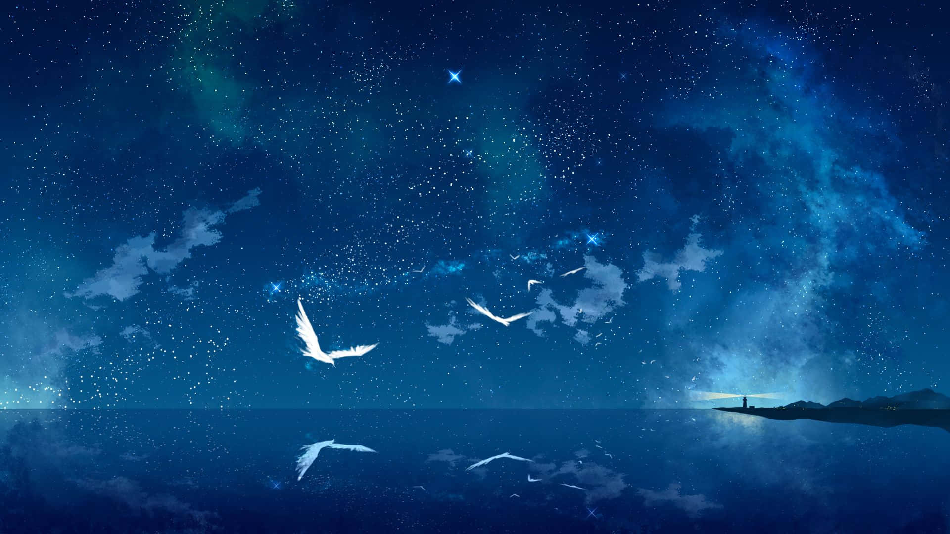 Anime Pc 桌布 壁紙 — 白鳥在繁星點點的藍天下翱翔，平靜的海面反射著天際的光芒。
