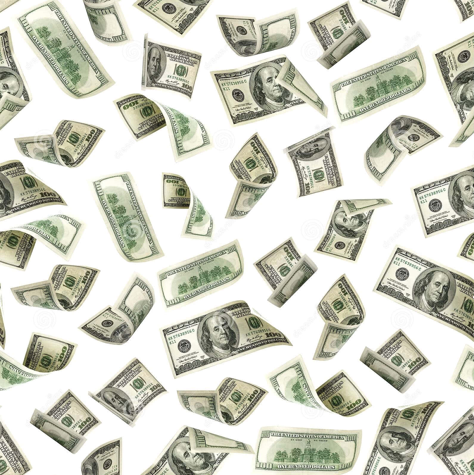 Money Falling 桌布 壁紙 — 百元美鈔在純白背景上動態飄揚，營造出突然致富和豐裕的感覺。
