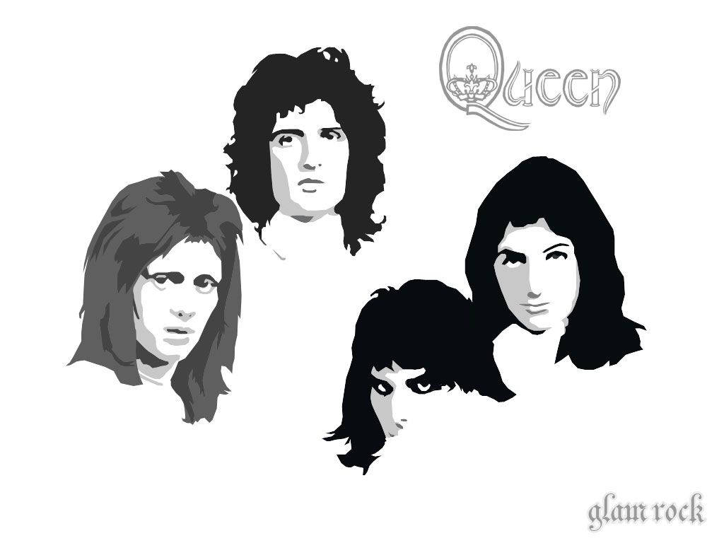 Queen 桌布 壁紙 — 皇后樂團成員的黑白風格化肖像，帶有皇冠標誌和華麗搖滾文字。