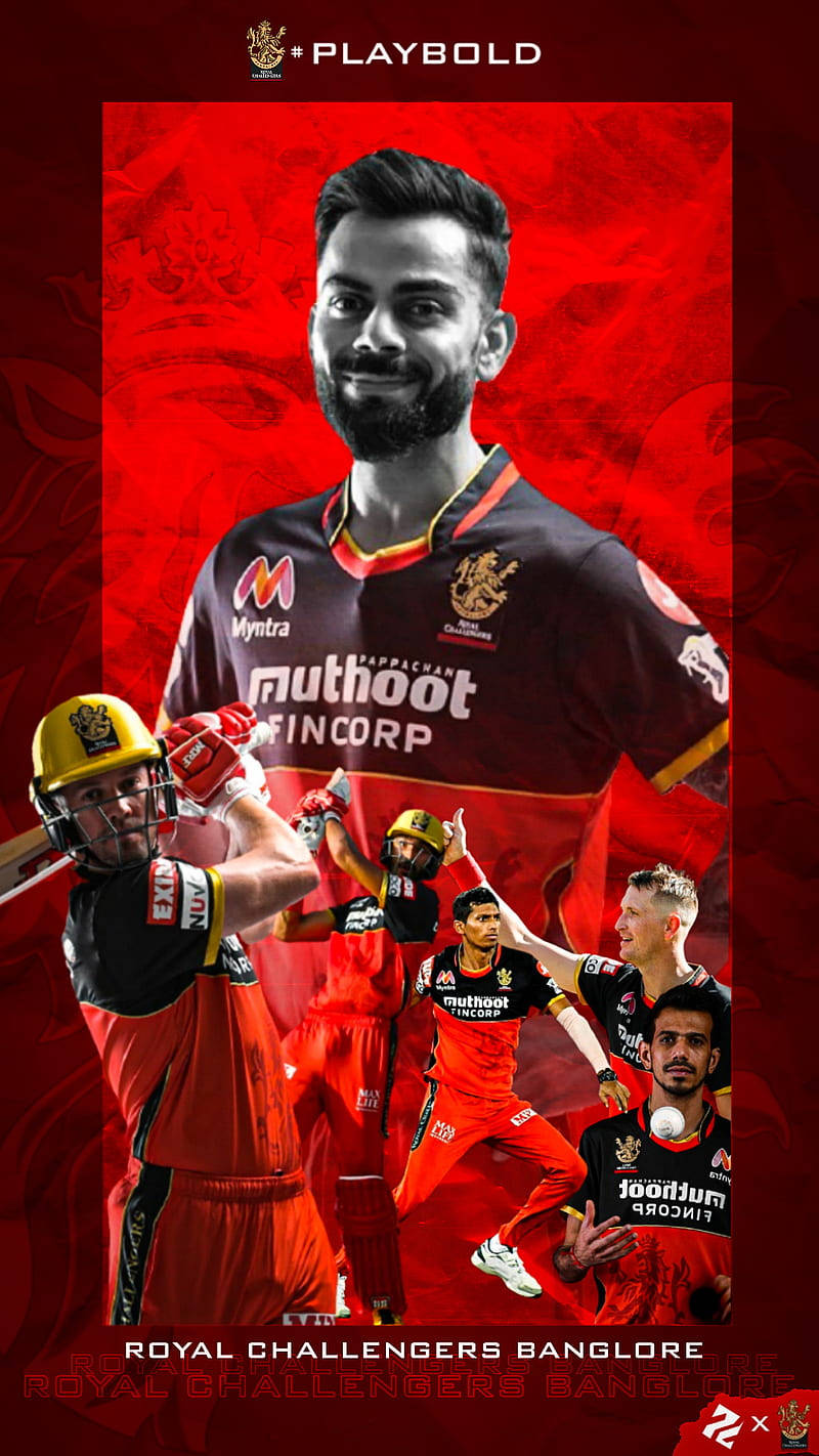 royal challengers bangalore 桌布 壁紙 — 皇家挑戰者班加羅爾板球球員在鮮紅色背景上展現動感動作的拼貼畫，帶有球隊品牌標誌。