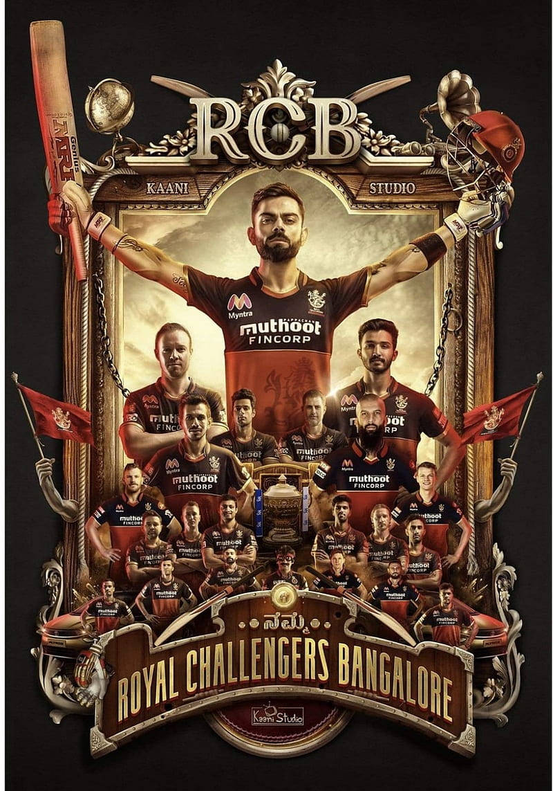 royal challengers bangalore 桌布 壁紙 — 皇家挑戰者班加羅爾板球隊的戲劇性插圖海報，中央球員舉起手臂，手持球棒和頭盔。