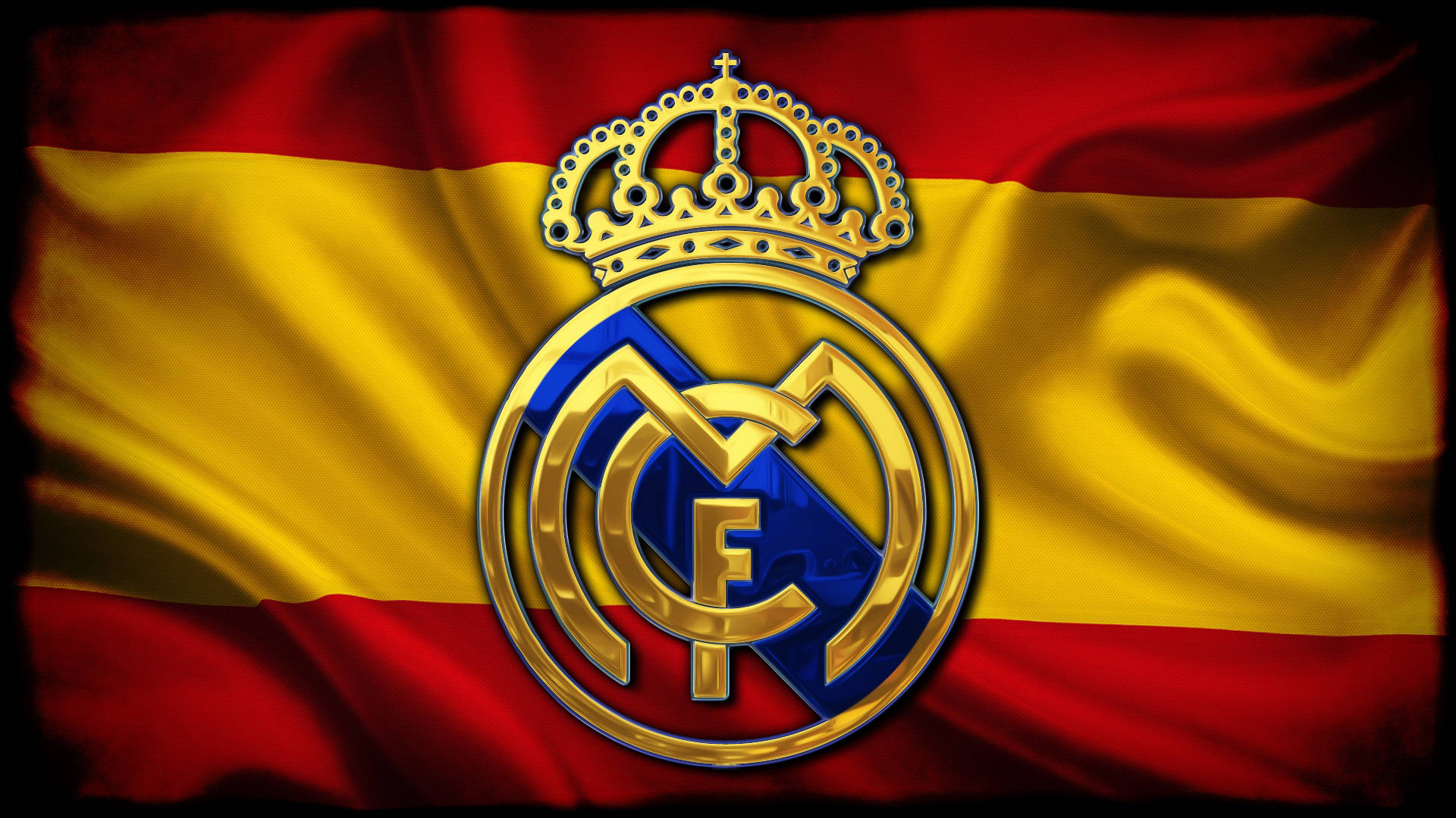 Spain Flag 桌布 壁紙 — 皇家馬德里會徽在飄揚的西班牙國旗（紅黃條紋）背景下閃耀金色和藍色。