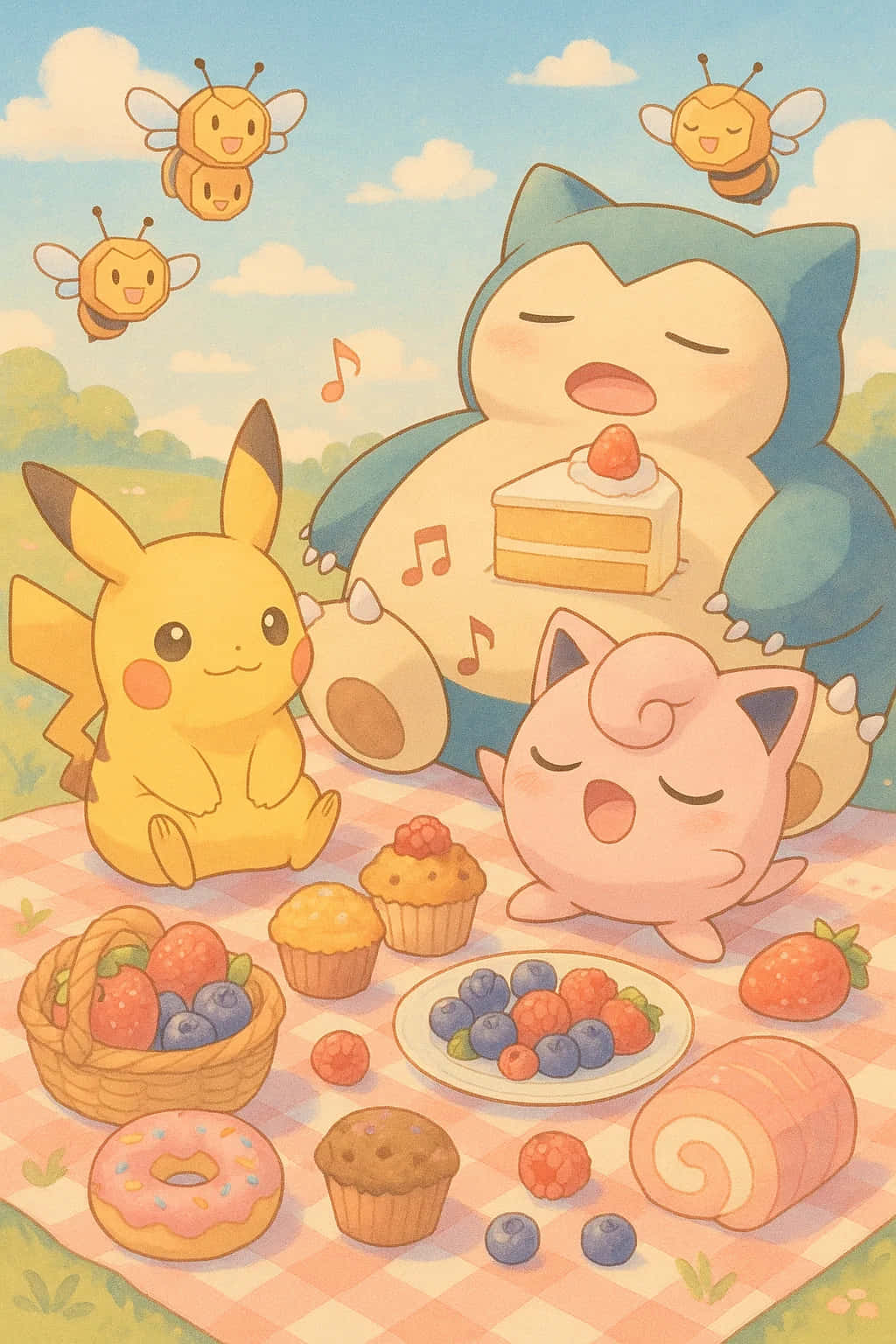 Pikachu HD Wallpaper WEBP 4K Background Download 壁紙 — 皮卡丘、胖丁和卡比獸享受陽光明媚的野餐，有蛋糕、鬆餅和漿果，蜜蜂在頭頂飛舞。