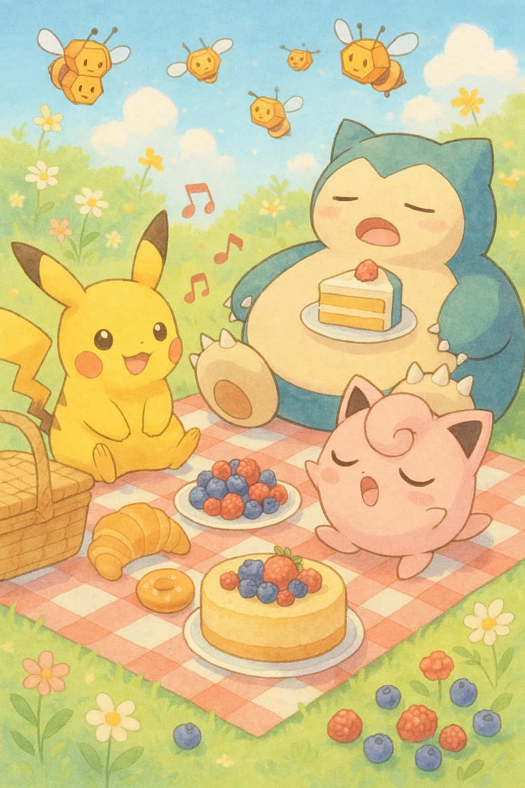 Pikachu HD Wallpaper WEBP 4K Background Download 壁紙 — 皮卡丘、胖丁和卡比獸在格子毯上享受陽光野餐，有蛋糕、莓果和蜜蜂在頭頂飛翔。