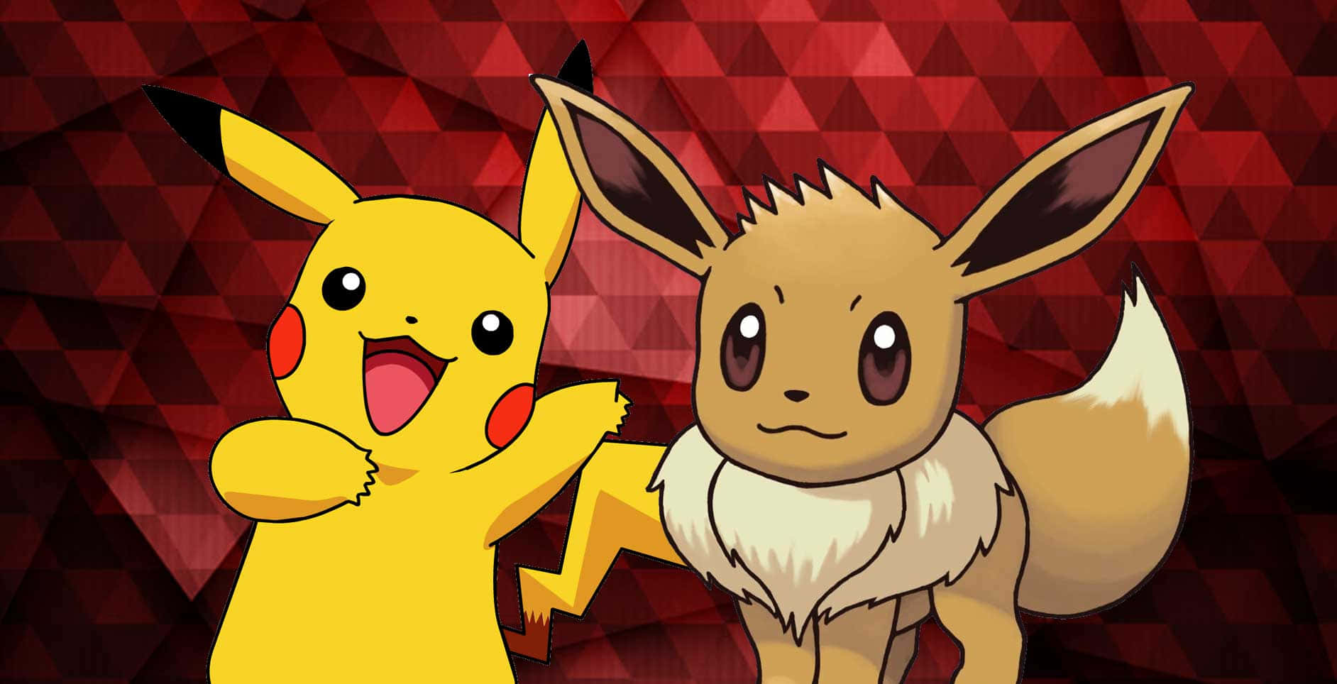 Cute Pikachu And Eevee 桌布 壁紙 — 皮卡丘和伊布一起站在紅色幾何背景前，皮卡丘在歡呼，伊布看起來很冷靜。