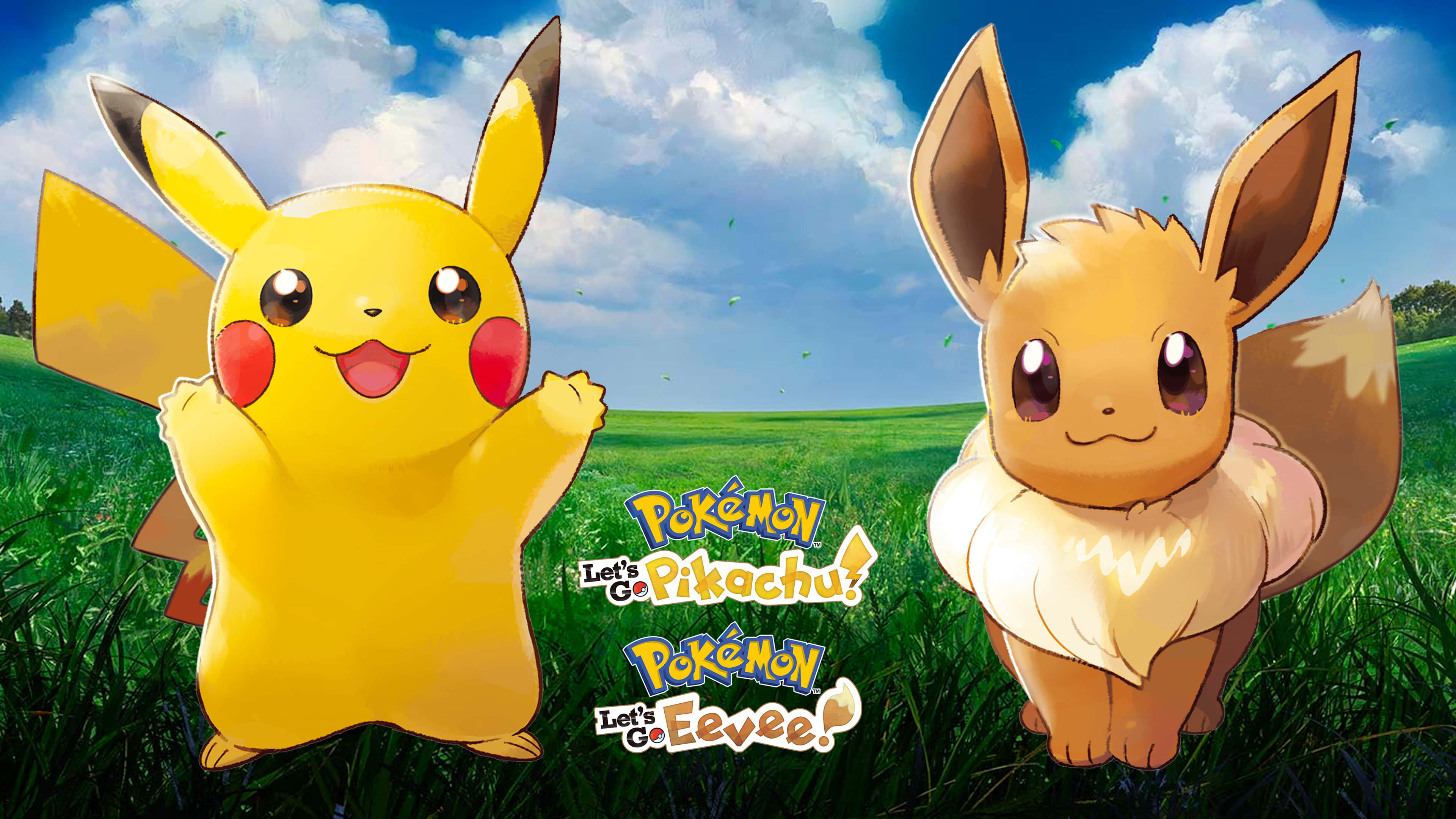 Cute Pikachu And Eevee 桌布 壁紙 — 皮卡丘和伊布在晴朗藍天白雲下，歡快地站在充滿活力的綠色田野中。