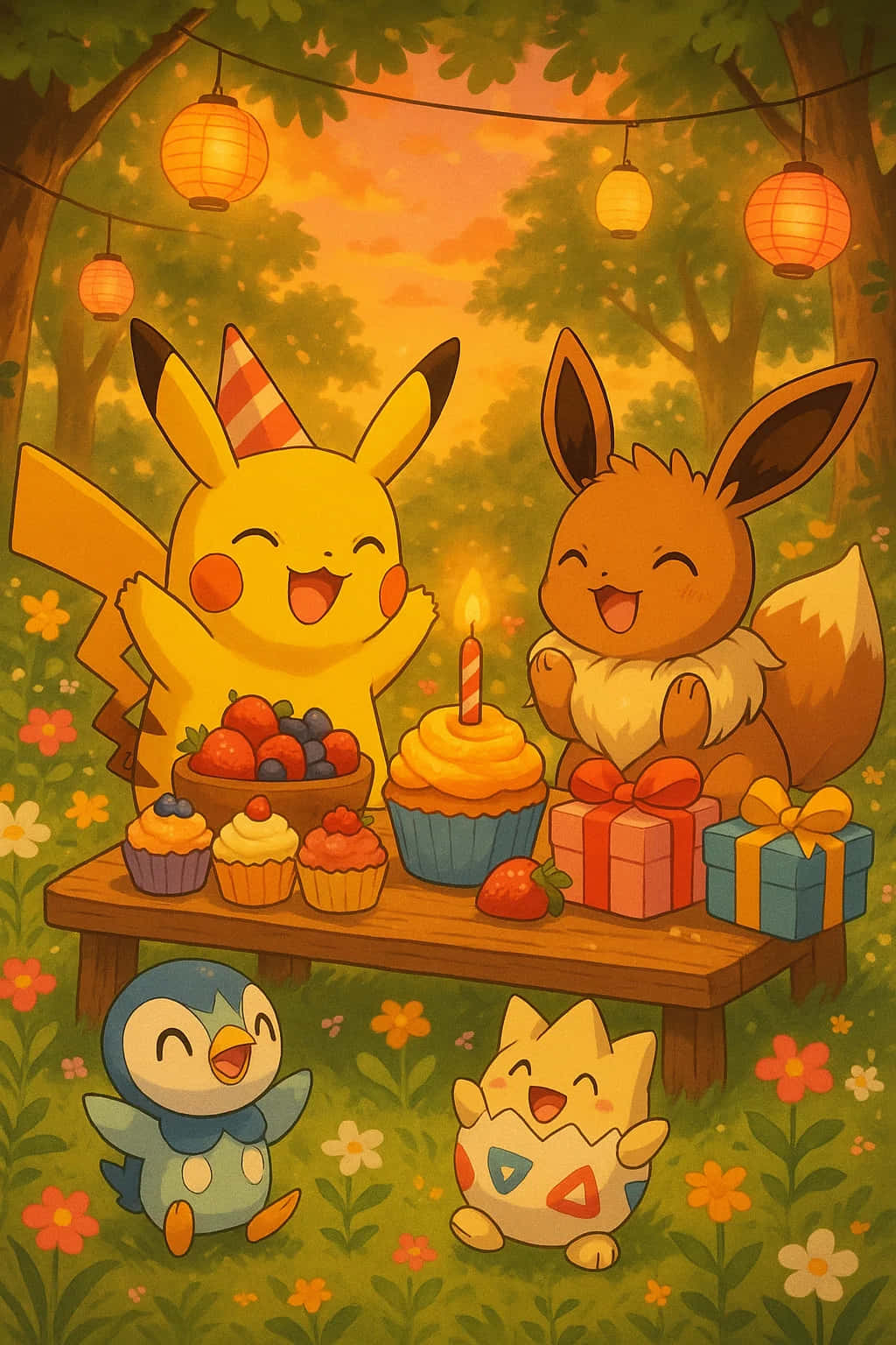 Pikachu HD Wallpaper WEBP 4K Background Download 壁紙 — 皮卡丘和伊布在發光的燈籠下，用杯子蛋糕、禮物和莓果在木桌上慶祝快樂的生日。