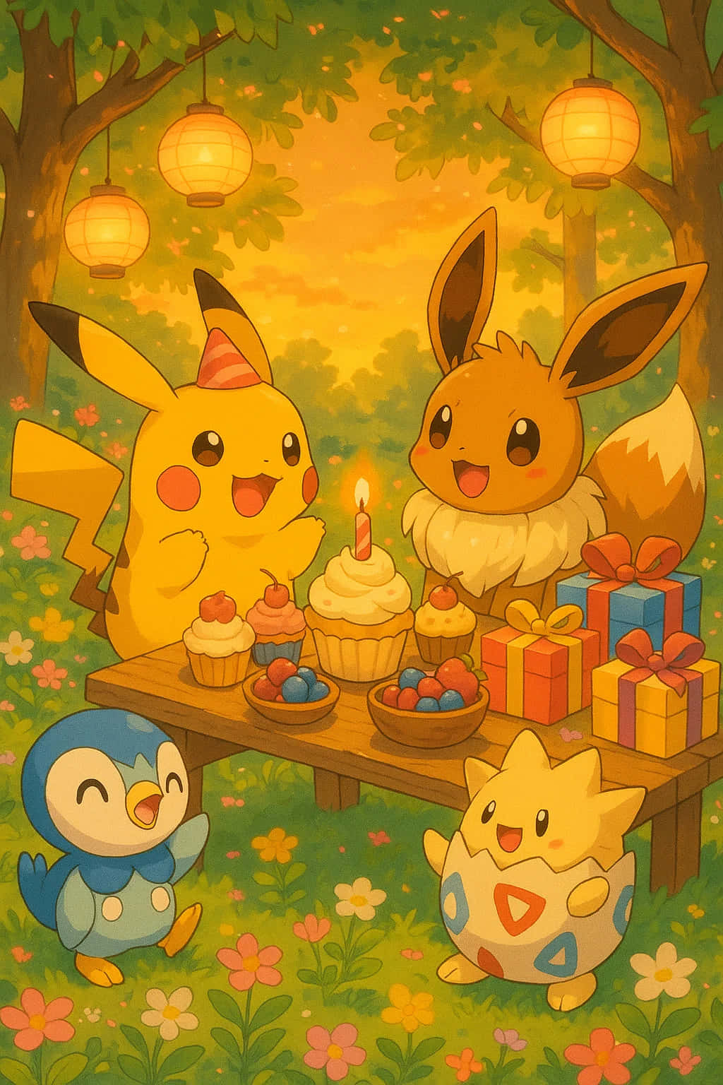 Pikachu HD Wallpaper WEBP 4K Background Download 壁紙 — 皮卡丘和伊布在發光的燈籠下，與朋友們在花草地裡用杯子蛋糕和禮物慶祝生日。