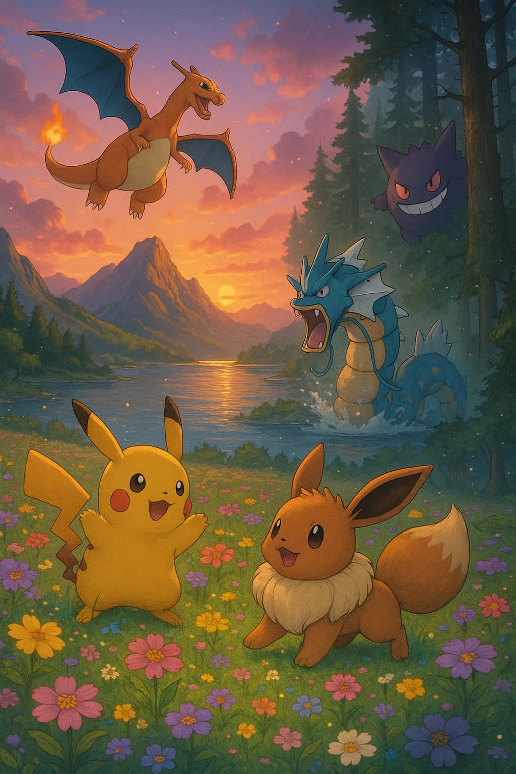 Pikachu HD Wallpaper WEBP 4K Background Download 壁紙 — 皮卡丘和伊布在花田玩耍，噴火龍在頭頂飛翔，暴鯉龍在日落時從湖中咆哮。