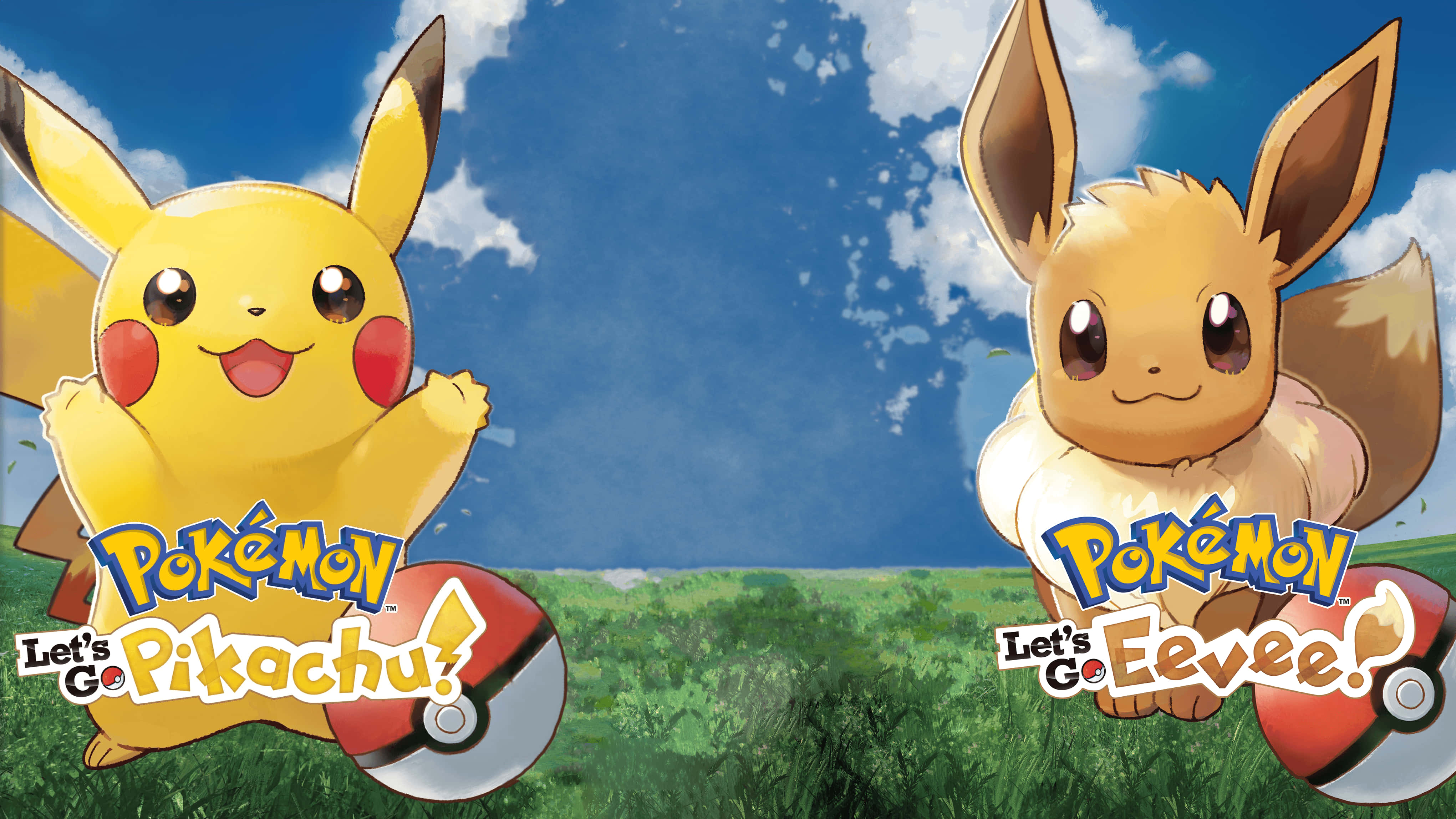 Cute Pikachu And Eevee 桌布 壁紙 — 皮卡丘和伊布在藍天白雲下的草地上愉快地站立。