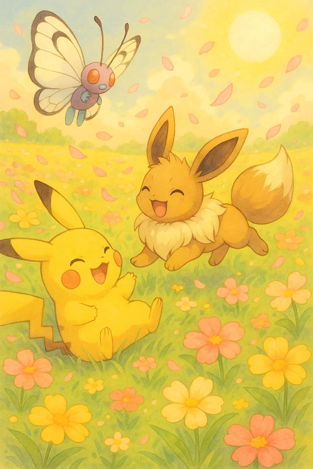 Pikachu HD Wallpaper WEBP 4K Background Download 壁紙 — 皮卡丘和伊布在陽光明媚的粉紅色和黃色花田中快樂地玩耍，一隻蝴蝶在他們頭頂飛過。