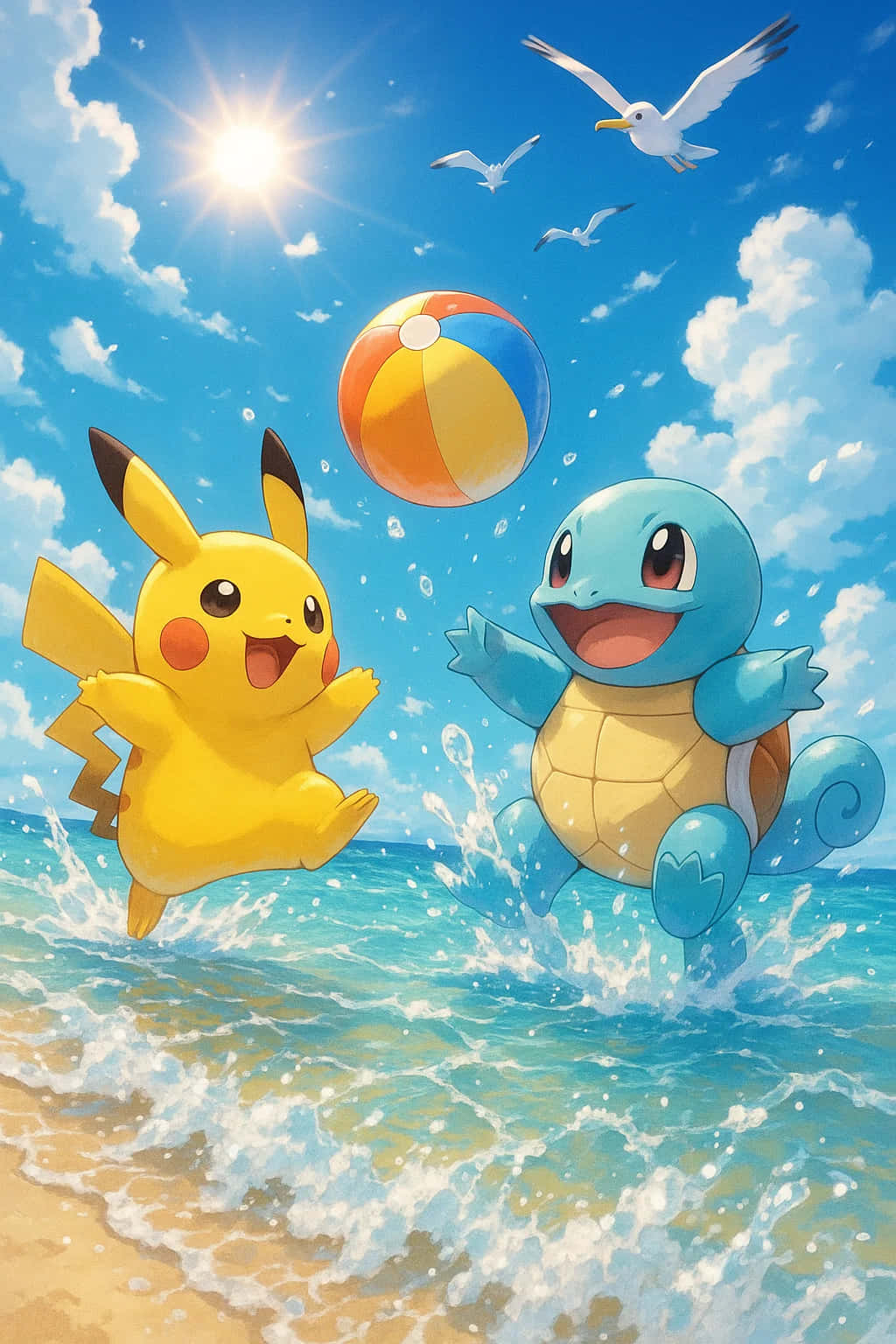 Pikachu HD Wallpaper WEBP 4K Background Download 壁紙 — 皮卡丘和傑尼龜快樂地從海浪中跳出，追逐一個色彩繽紛的沙灘球，在明亮的陽光下，海鷗在頭頂飛翔。