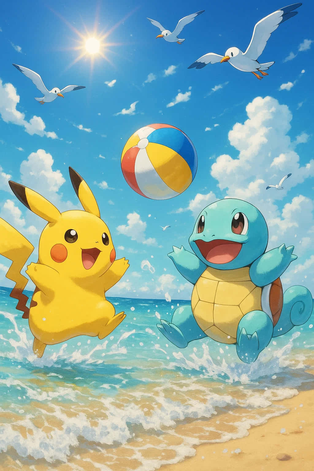 Pikachu HD Wallpaper WEBP 4K Background Download 壁紙 — 皮卡丘和傑尼龜快樂地從海浪中跳起，追逐一個色彩繽紛的沙灘球，在明亮的陽光下，海鷗在頭頂飛翔。
