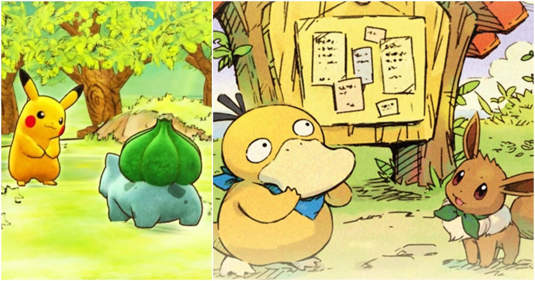 Pokemon Mystery Dungeon 桌布 壁紙 — 皮卡丘和妙蛙種子站在陽光明媚的森林空地，而可達鴨和伊布在貼有告示的樹旁互動。