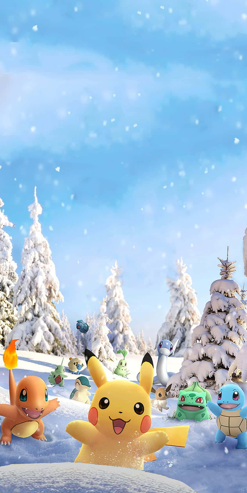 Pokemon Christmas 桌布 壁紙 — 皮卡丘和朋友們在明亮的藍天下，在雪白的森林裡快樂地玩耍，雪花飄落。
