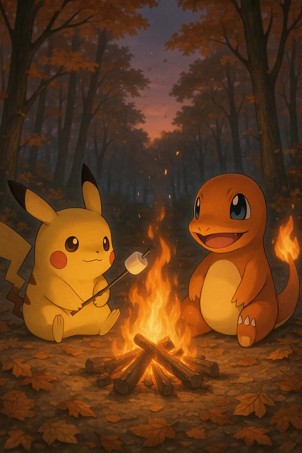 Pikachu HD Wallpaper WEBP 4K Background Download 壁紙 — 皮卡丘和火恐龍在黃昏的森林中烤棉花糖。